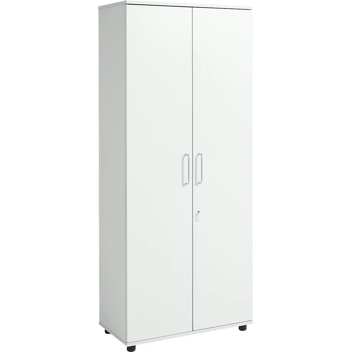 Armoire blanche à deux portes, deux poignées et un trou de serrure.