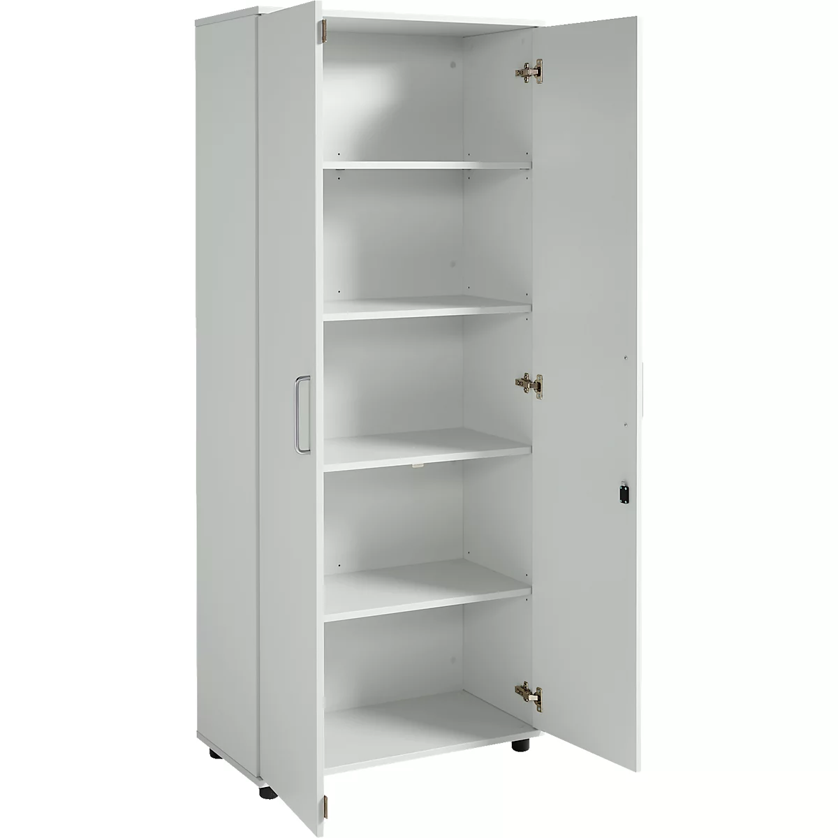 Armoire blanche avec portes ouvertes, étagères visibles. Poignée, charnières et roulettes.