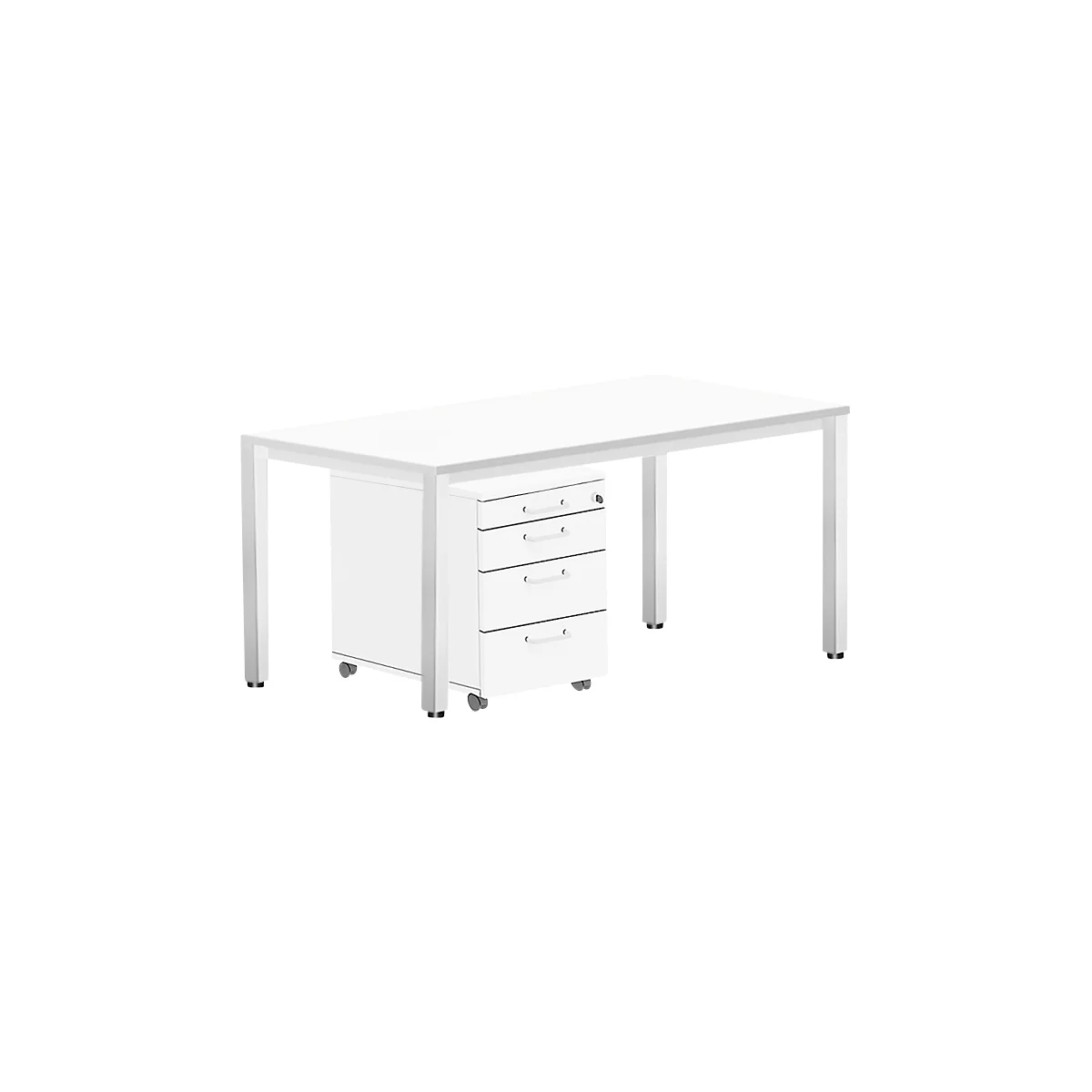 Offre complète BEXXSTAR : bureau l. 1600 x P 800 mm, piètement carré et caisson mobile, blanc