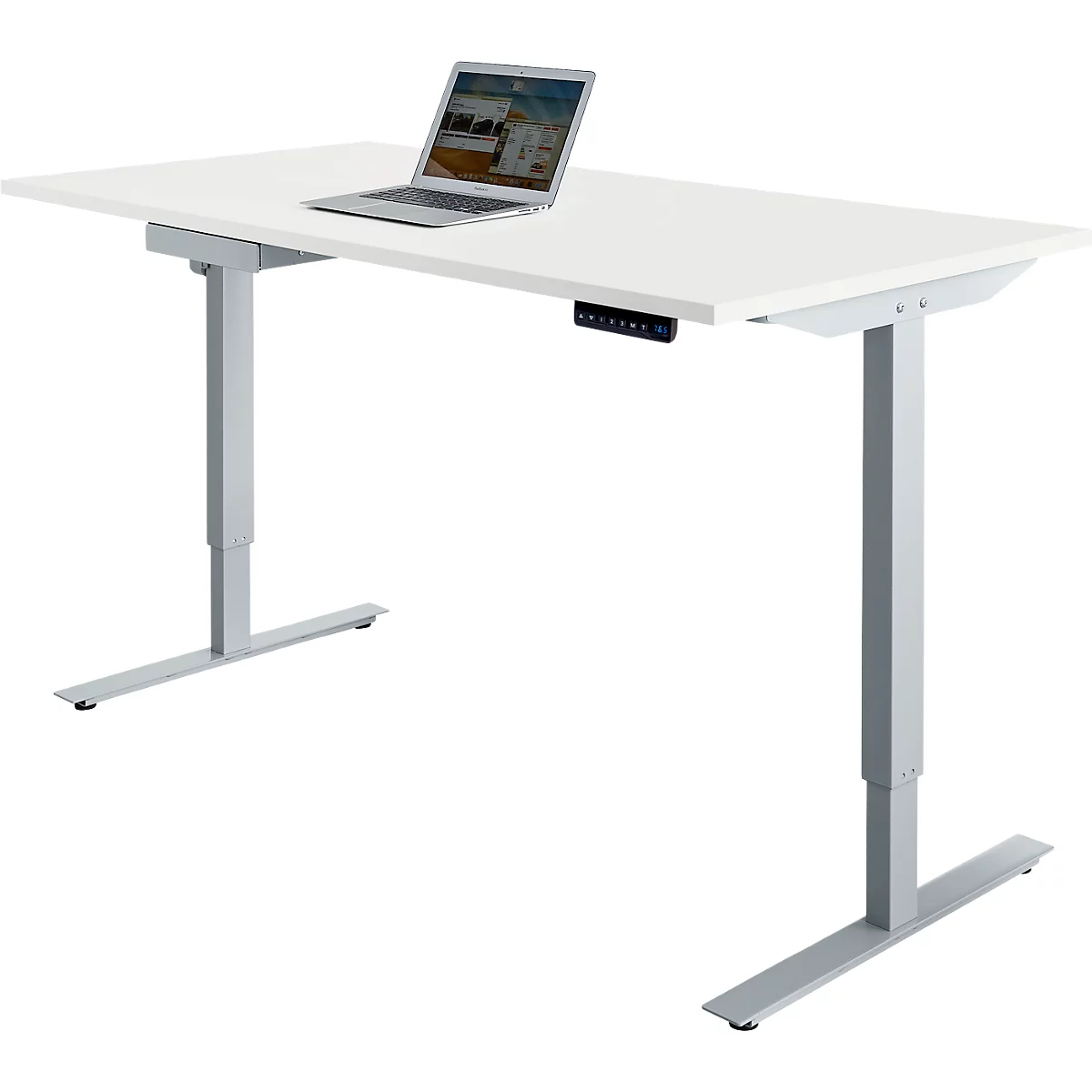 Bureau blanc réglable en hauteur avec ordinateur portable. Pieds gris, boutons de commande noirs.