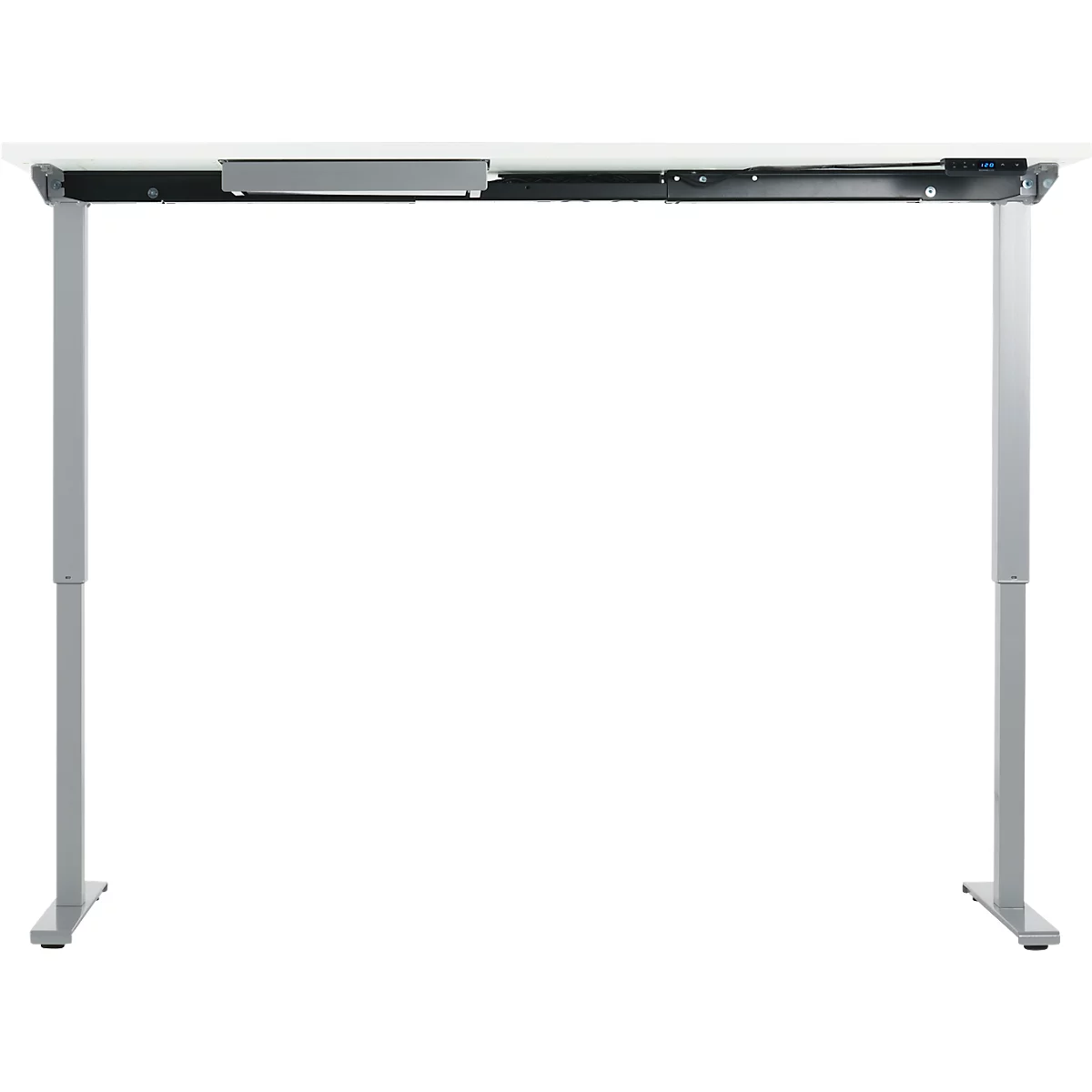 Un bureau blanc réglable en hauteur sur fond blanc. Les pieds gris sont carrés.