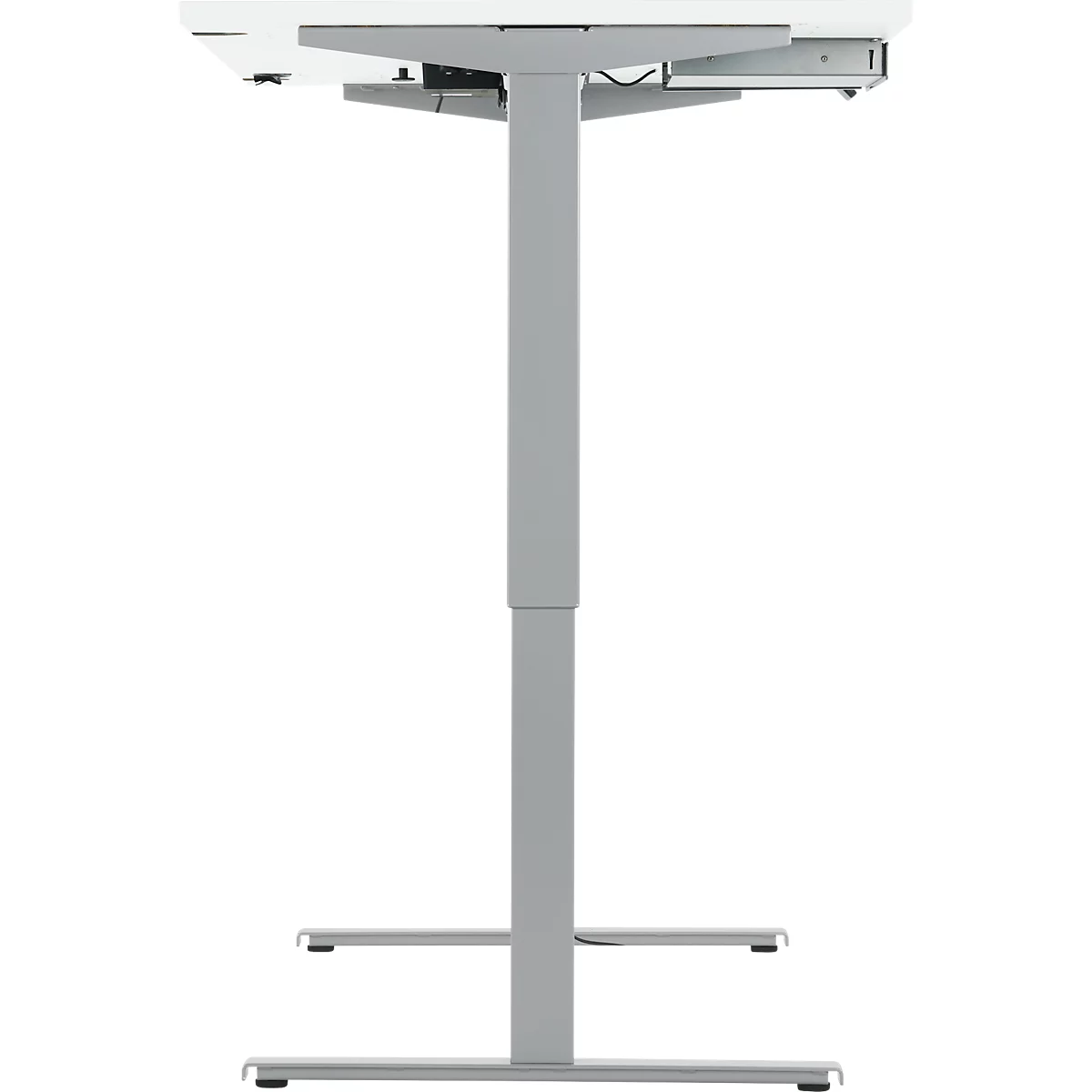 Bureau debout gris avec un plateau blanc. Le bureau est réglable en hauteur et a un design moderne.