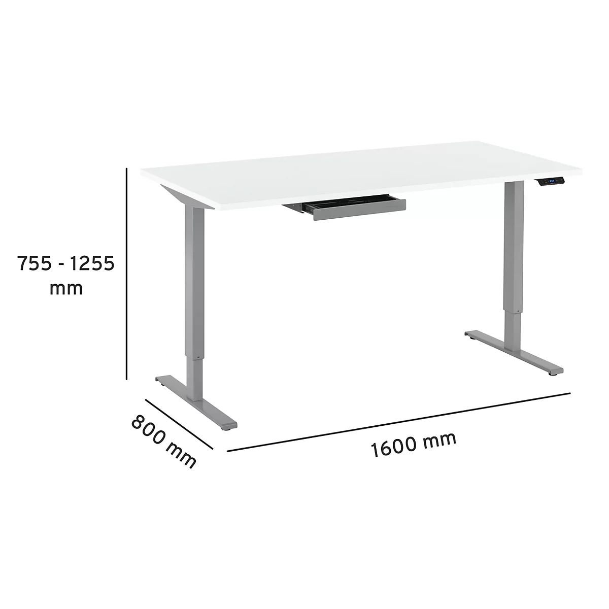 Un bureau blanc réglable en hauteur avec des pieds gris et des dimensions indiquées. Hauteur 755 - 1255 mm, longueur 1600 mm, largeur 800 mm.