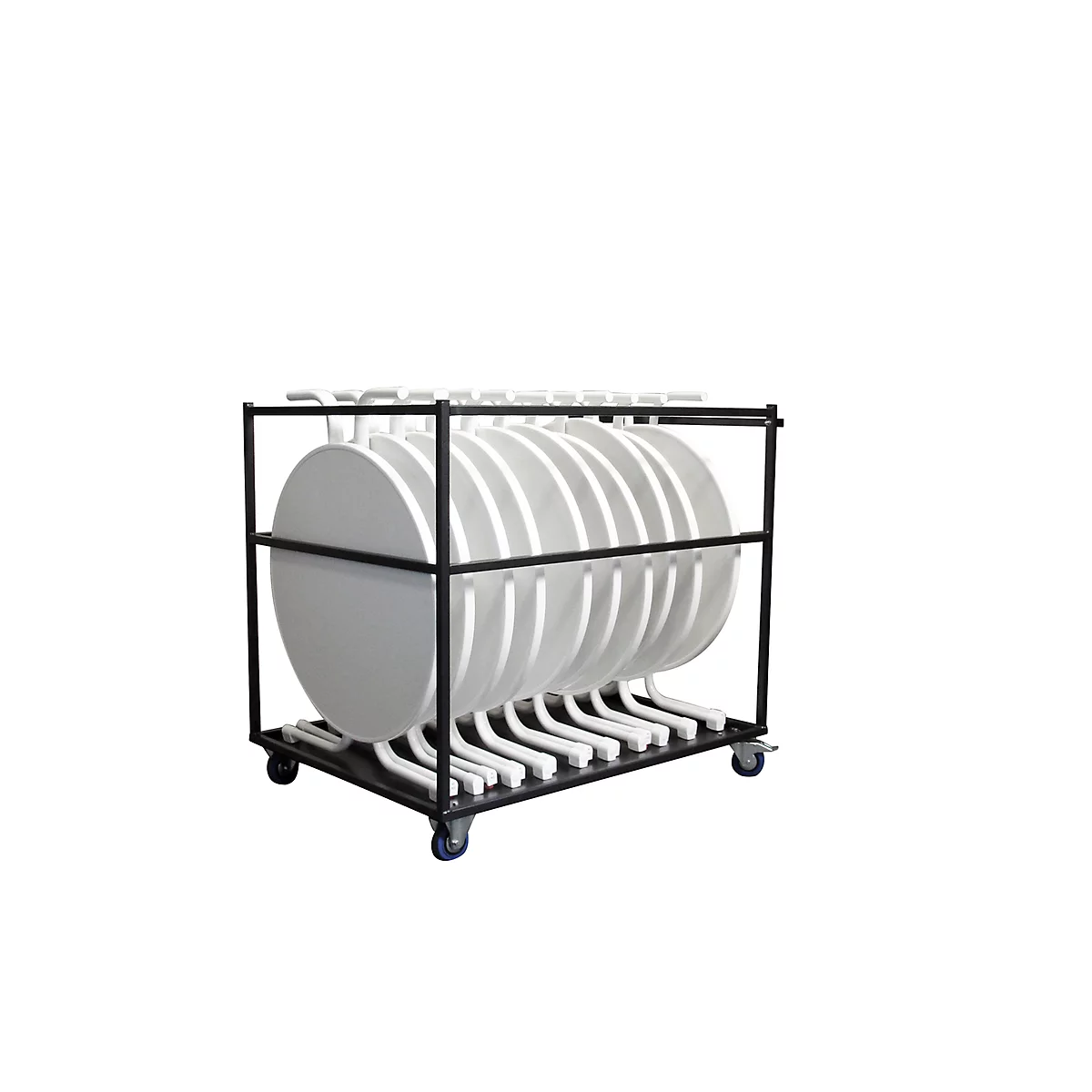 Offre complète : chariot de transport mobile et 10 tables hautes, tables pliantes 