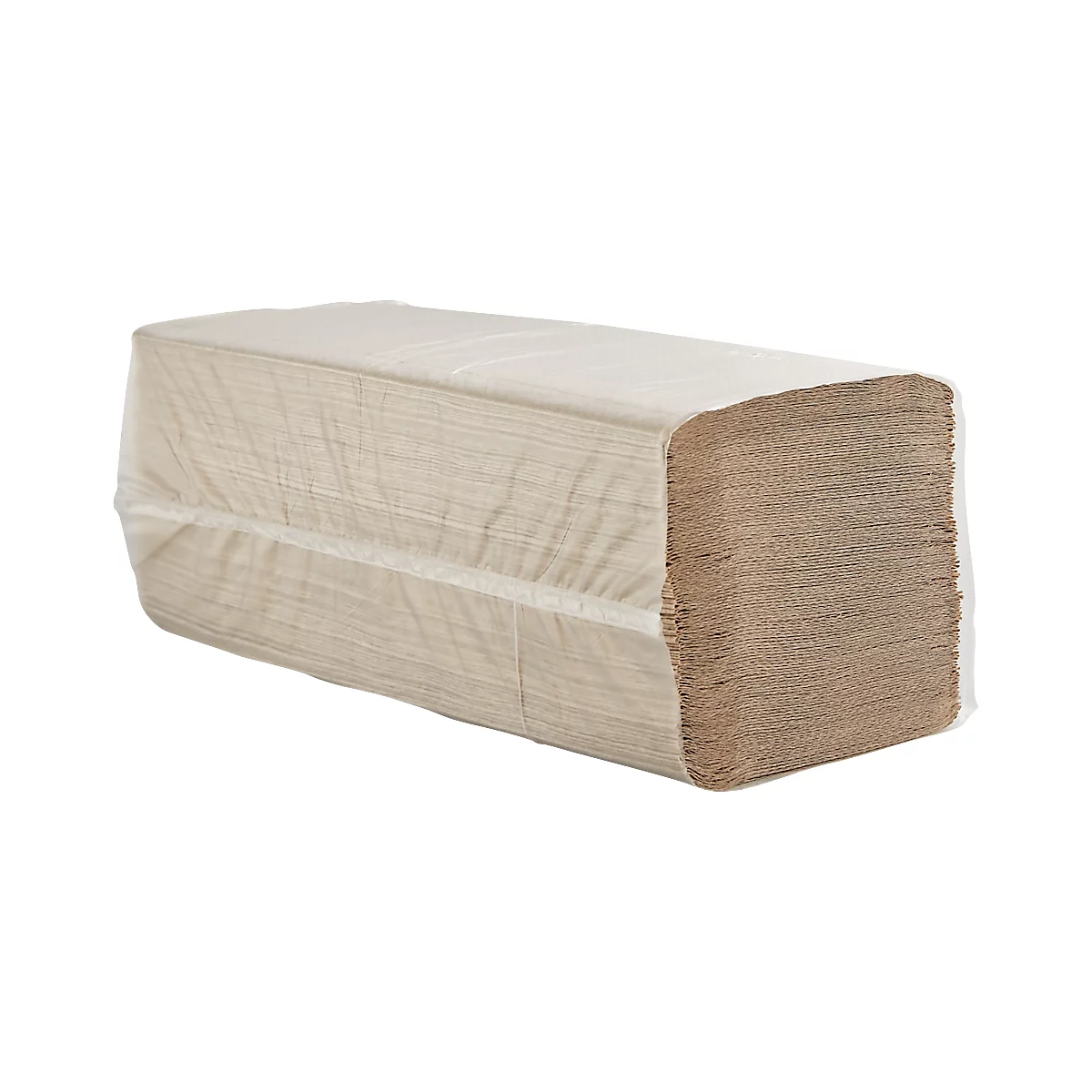 Un paquet rectangulaire d'essuie-mains dans un emballage plastique de couleur naturelle. Les serviettes sont pliées et visibles.