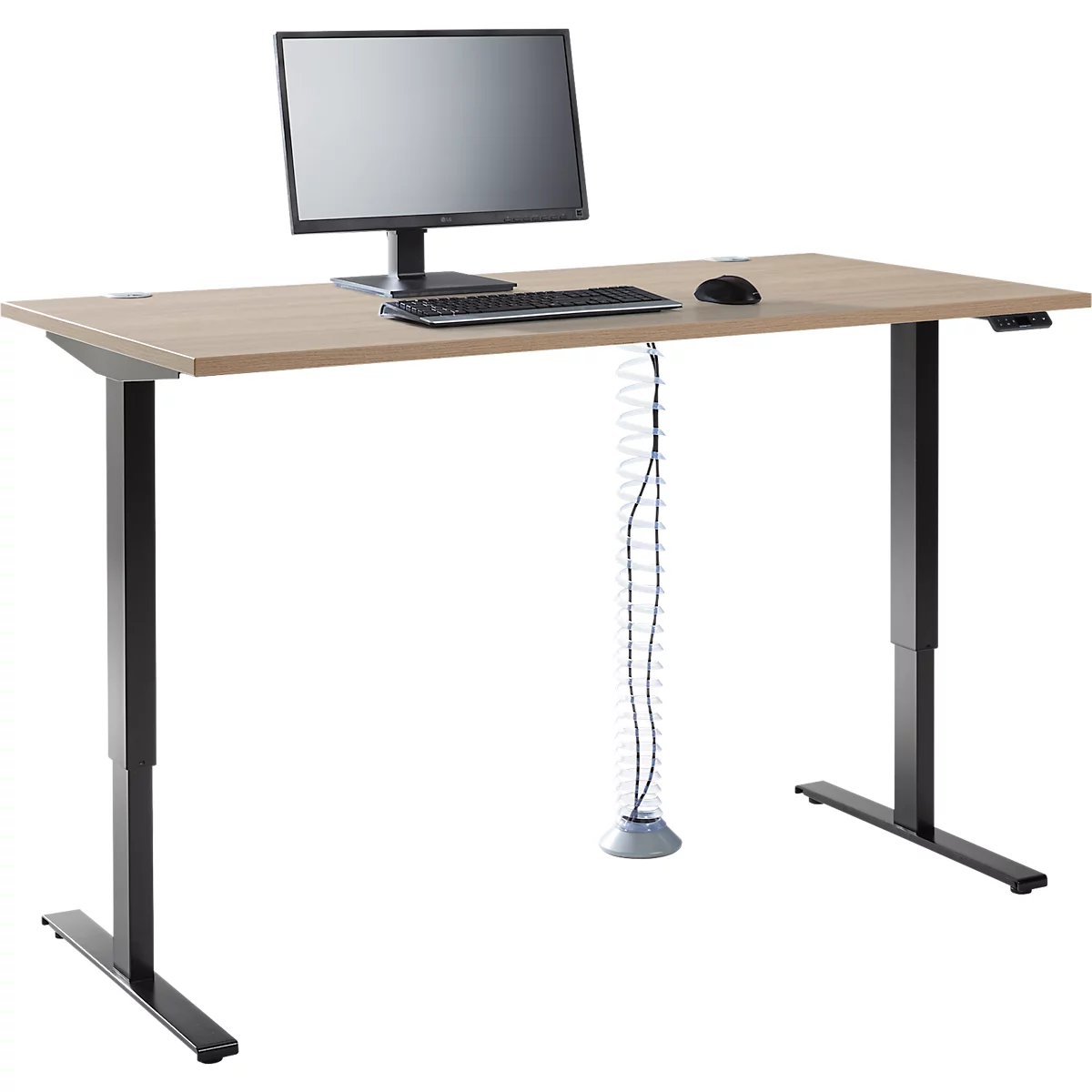 Offre complète Schäfer Shop Bureau Genius AERO FLEX, hauteur réglable électriquement à 1 niveau, rectangle, pied en T, L 1600 mm, décor chêne/noir + spirale de câble