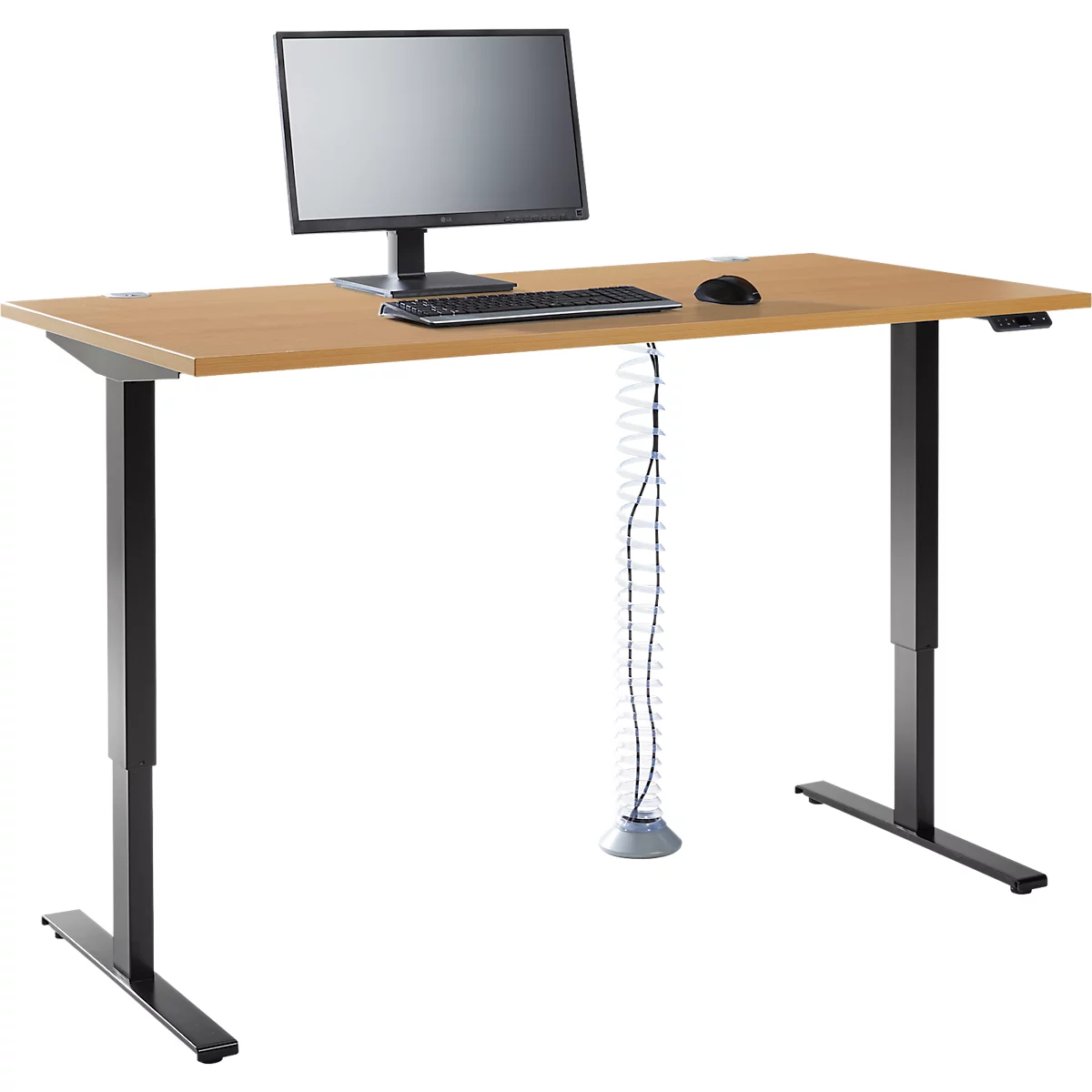 Offre complète Schäfer Shop Bureau Genius AERO FLEX, hauteur réglable électriquement à 1 niveau, rectangle, pied en T, L 1600 mm, décor hêtre/noir + spirale de câble
