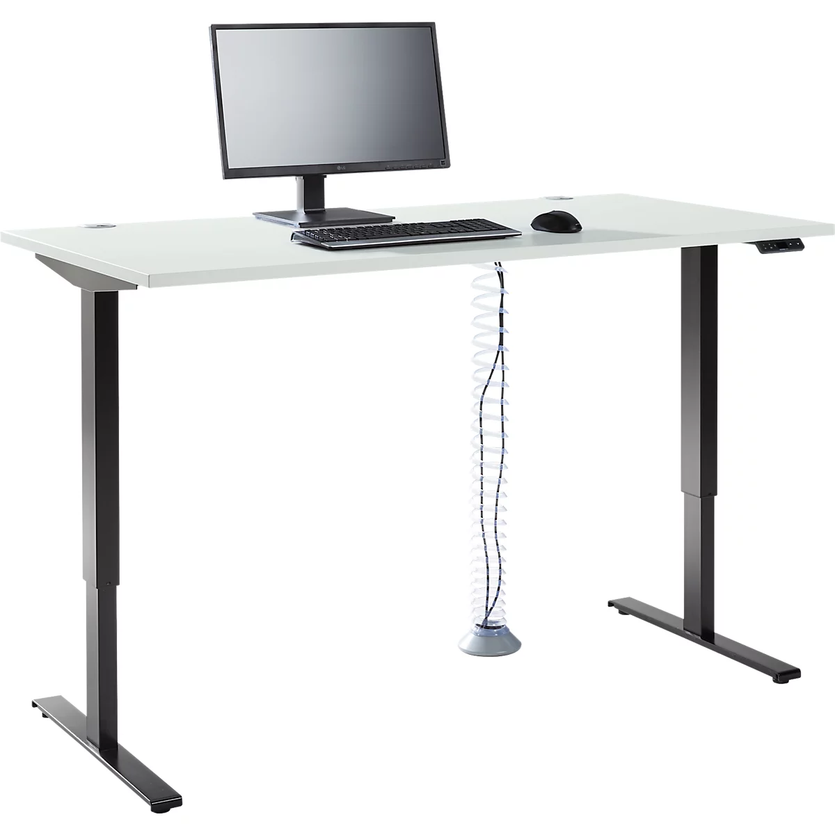 Offre complète Schäfer Shop Bureau Genius AERO FLEX, réglage électrique de la hauteur à 1 niveau, rectangle, pied en T, L 1600 mm, gris clair/noir + spirale pour câbles