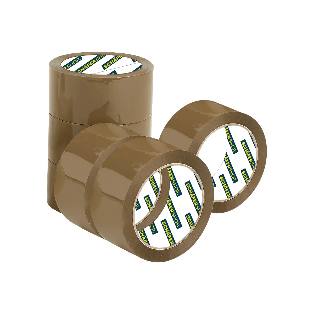 Plusieurs rubans adhésifs bruns, partiellement empilés les uns sur les autres, avec le logo Schäfer Shop.