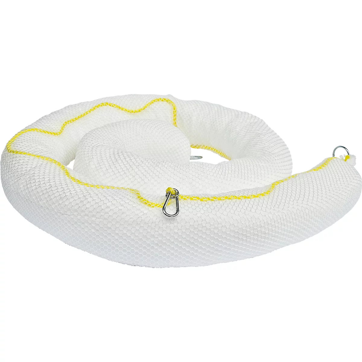 White, hose-shaped object with yellow seams and metal eyelets.