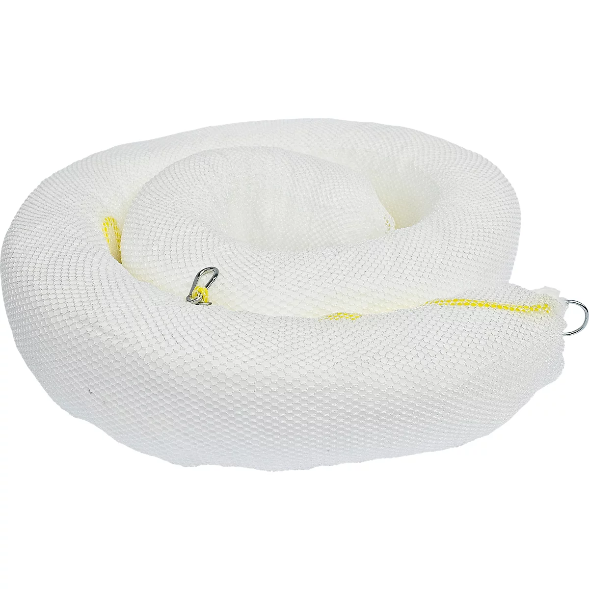 Rolled-up white oil boom with yellow seams and metal eyelets.