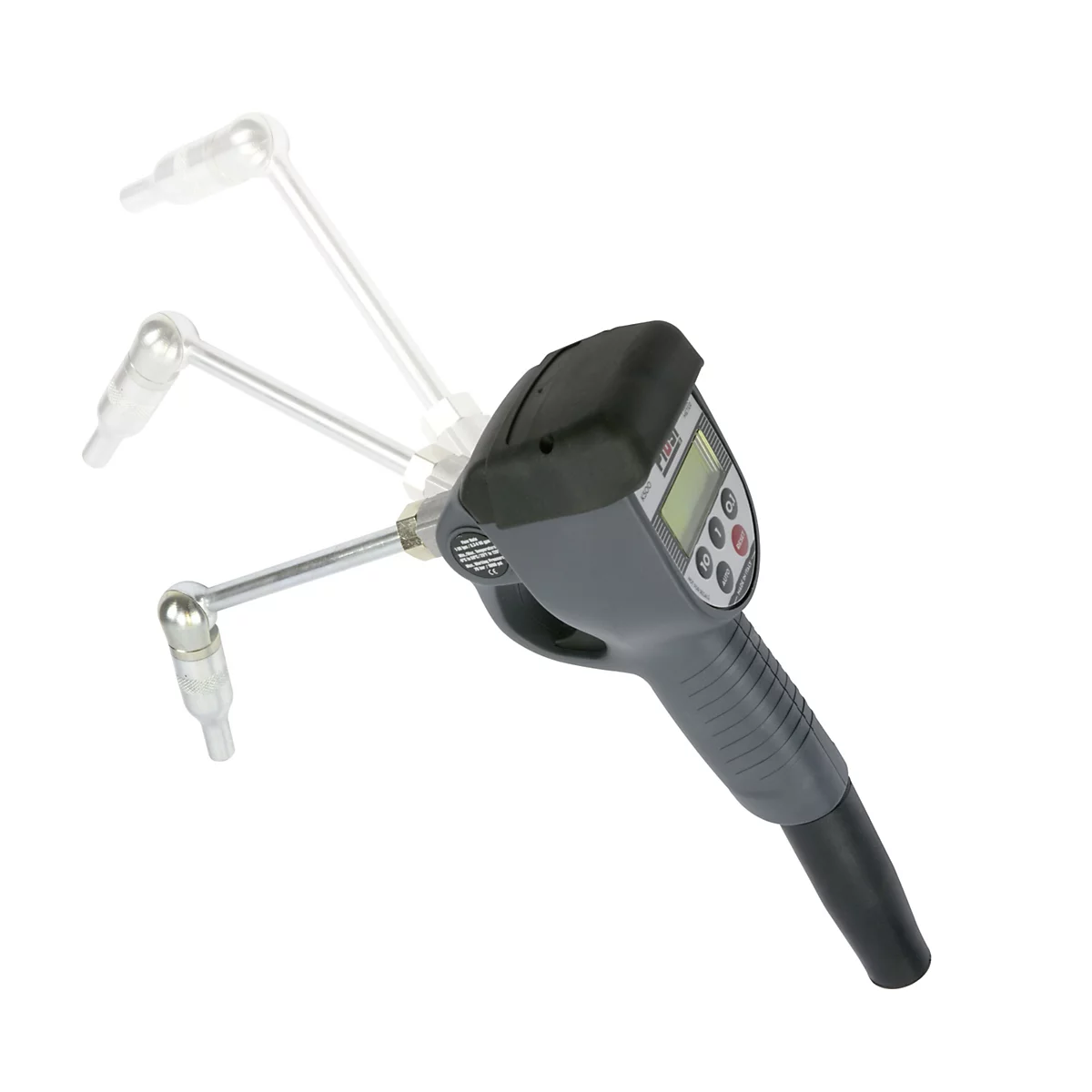 A gray measuring device with a display and buttons, its arm in different positions.