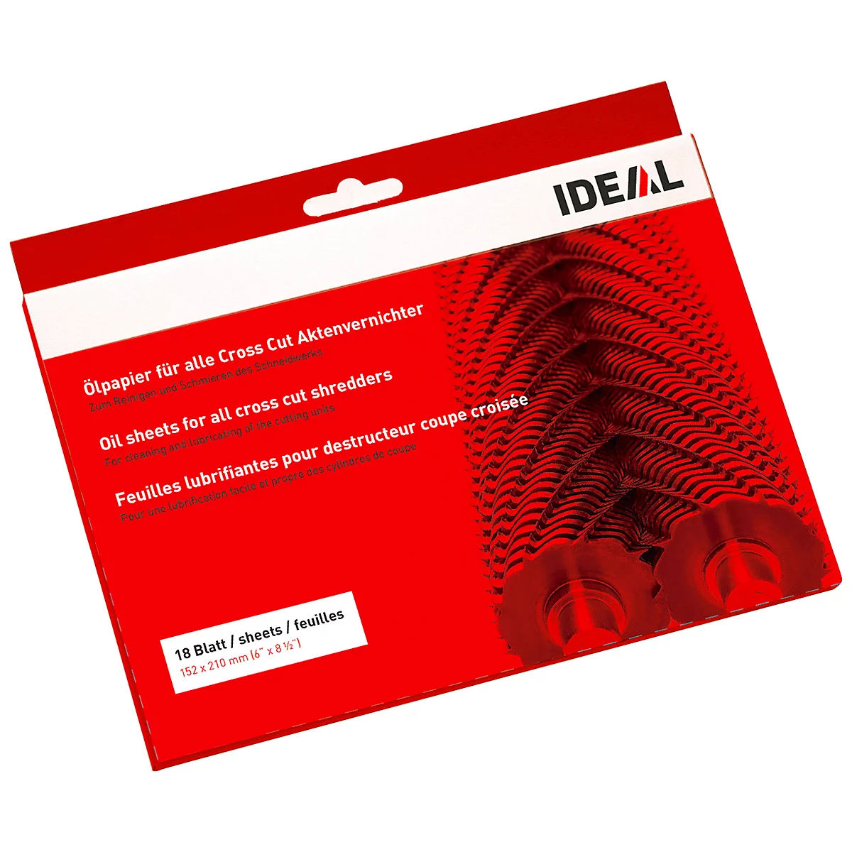 Red packaging for oil paper. Inscription: Oil paper for shredders. Ideal logo.