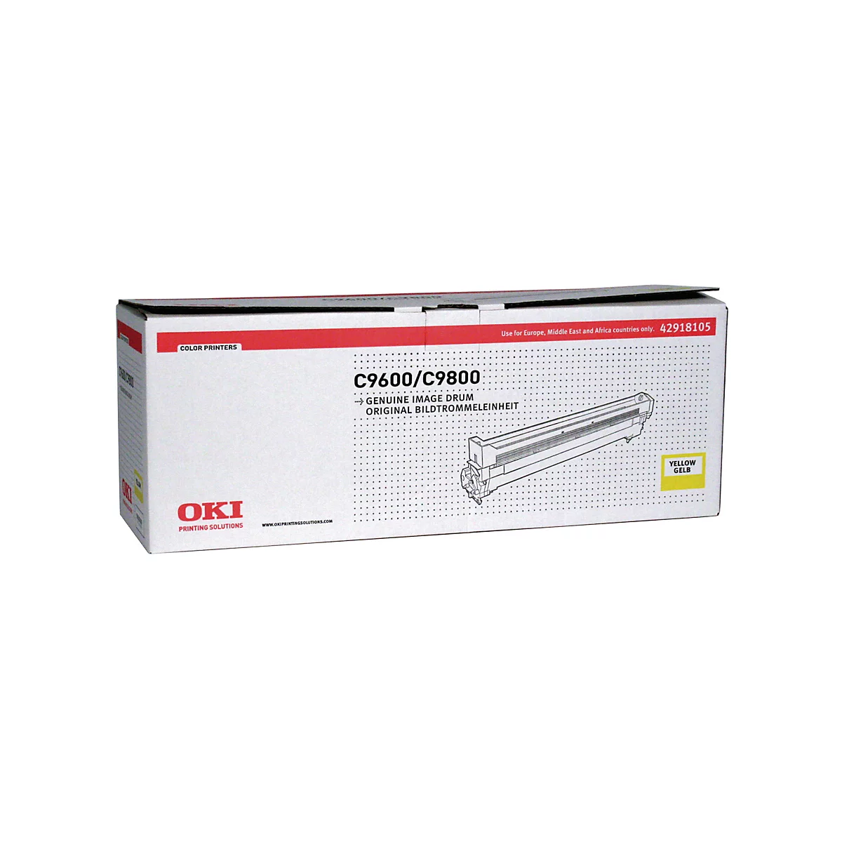 Un emballage pour un tambour d'imagerie OKI, sur fond blanc. L'emballage indique C9600/C9800 et YELLOW/GELB.