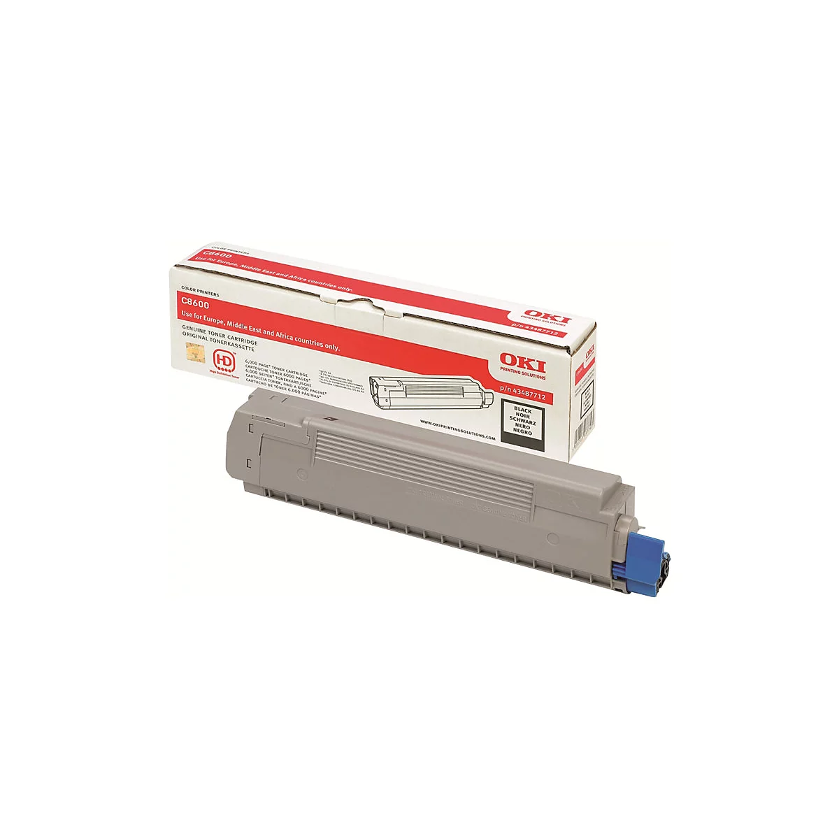 Cartouche de toner grise et emballage d'OKI. Inscription C8600. La boîte est rouge/blanche avec du texte.