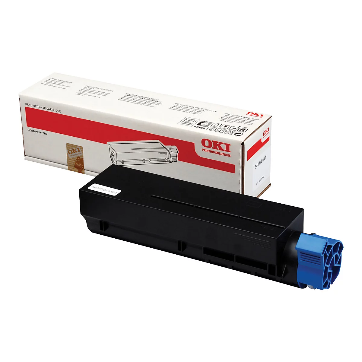 Toner noir pour imprimante OKI avec emballage. Impression : "OKI Printing Solutions", "Genuine Toner Cartridge".
