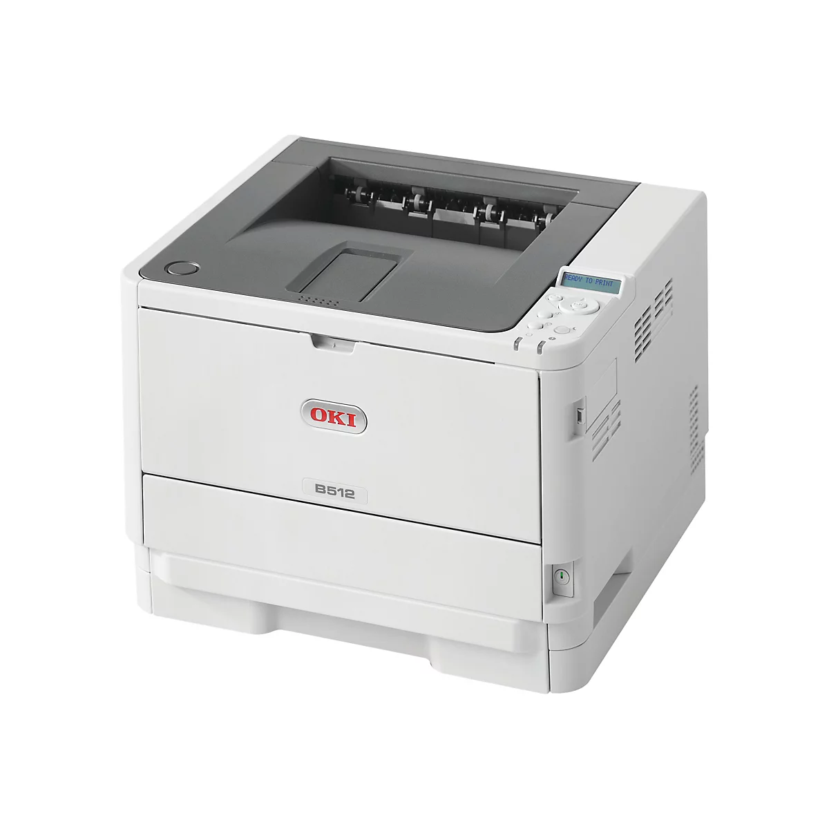 Ein weißer Drucker OKI B512; „Ready to Print“ Anzeige.