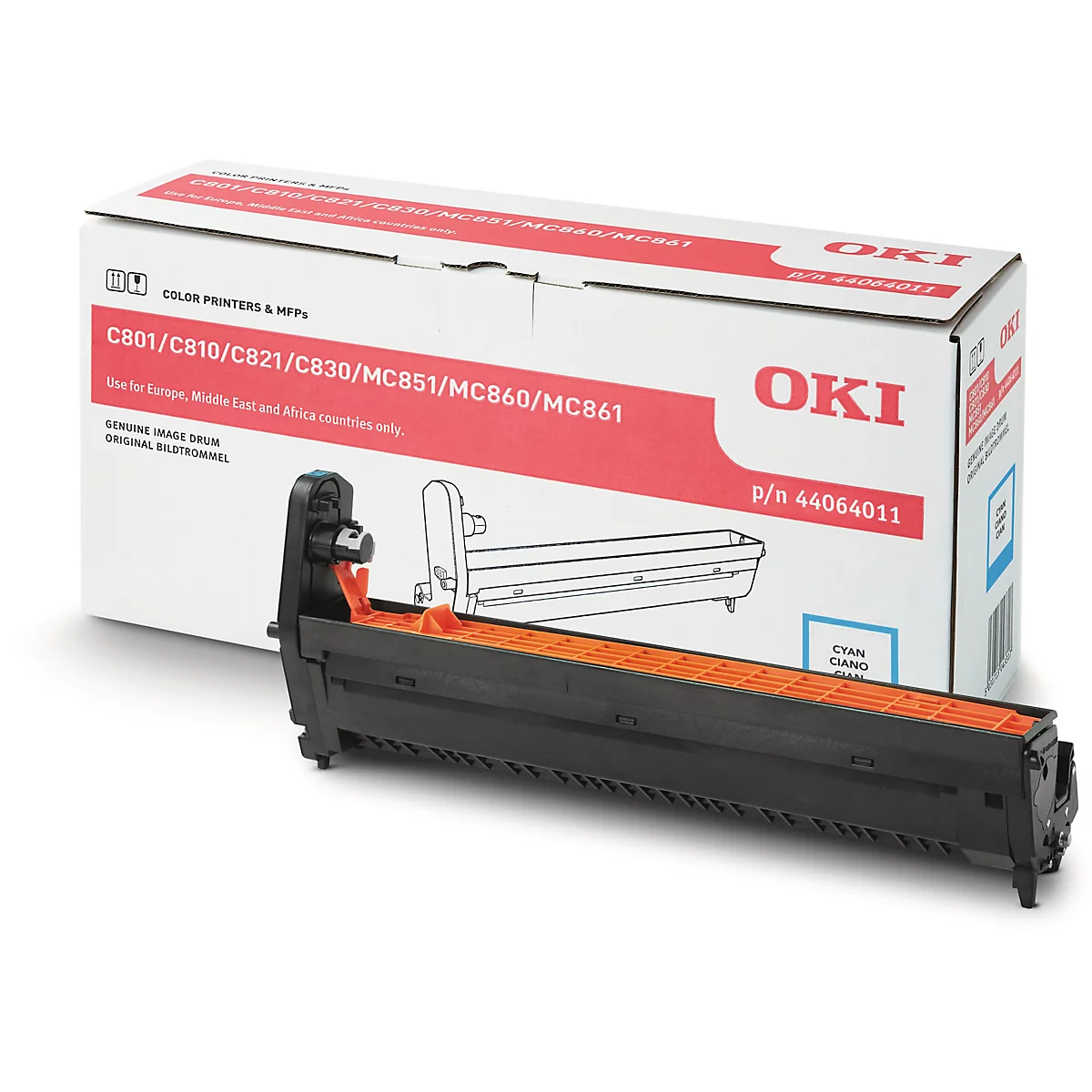 Une cartouche de toner d'imprimante OKI noire avec une grille orange devant l'emballage, qui affiche les noms et spécifications du produit.