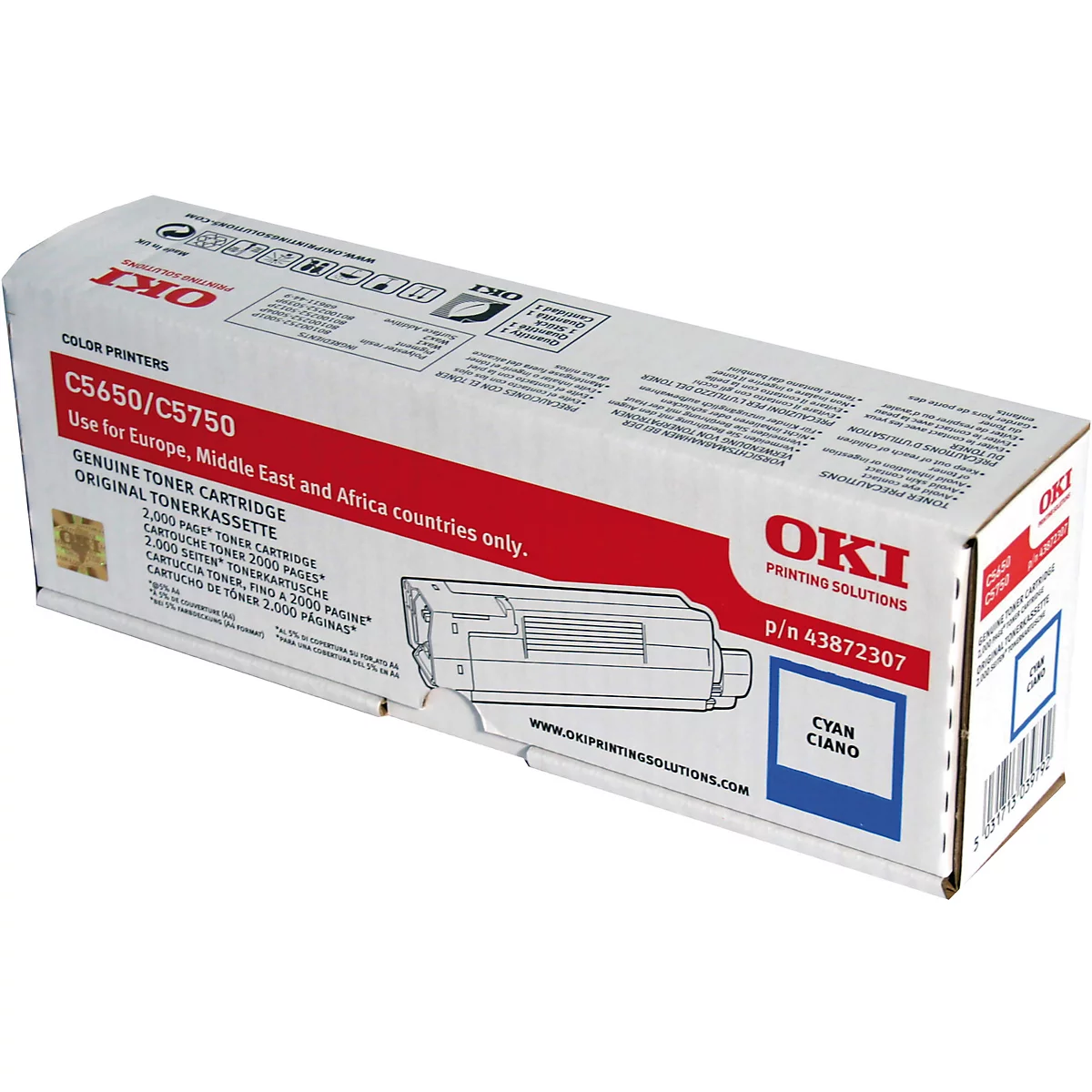 Eine Packung Cyan-Tonerkartusche für OKI-Farbdrucker, mit Produktinformationen und Logo. Das blaue Feld zeigt die Farbe des Toners.