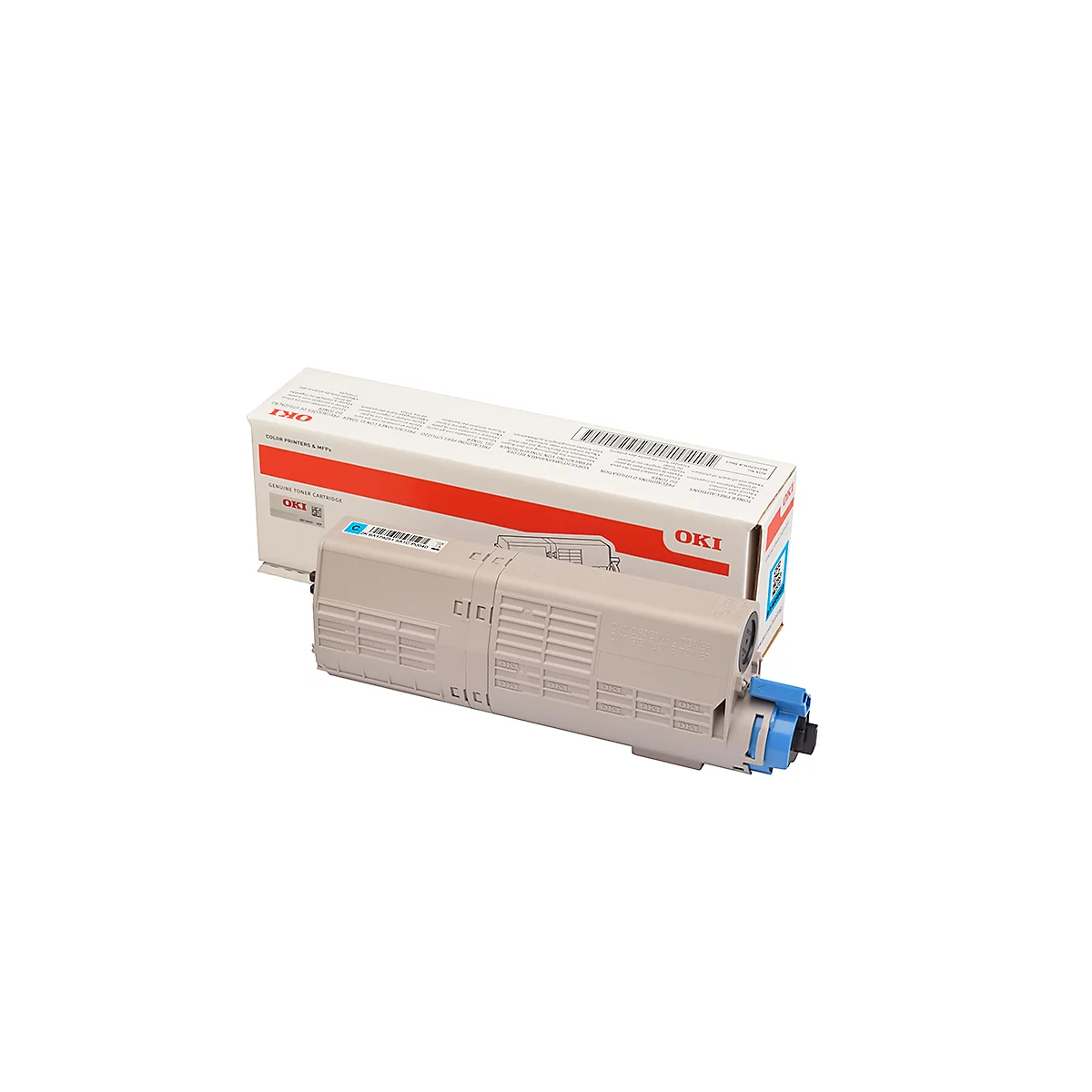 Hellgraue OKI-Toner-Patrone mit blauer Spitze und Verpackung vor weißem Hintergrund.