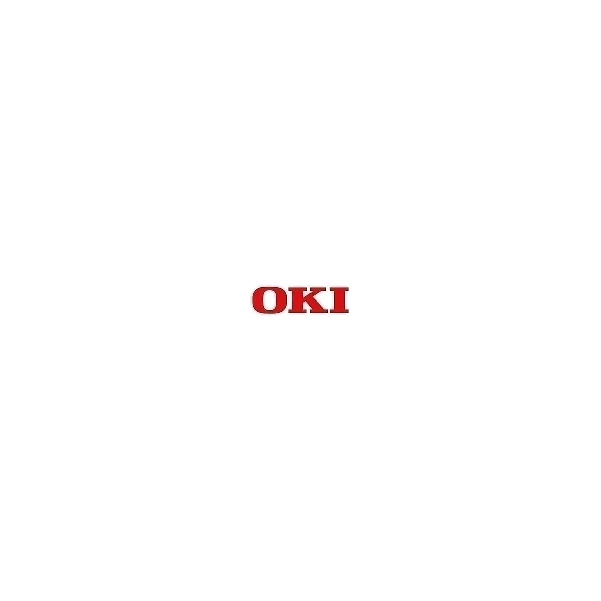 Rotes OKI Logo mit rotem Leuchteffekt auf weißem Hintergrund.