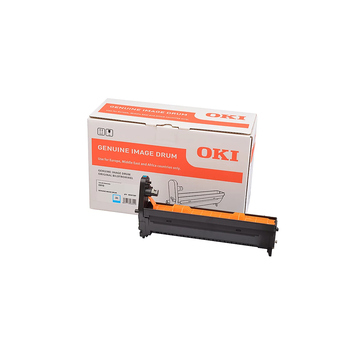 OKI Bildtrommel und Verpackung, weiß, orange und schwarz. Aufdruck: Genuine Image Drum.