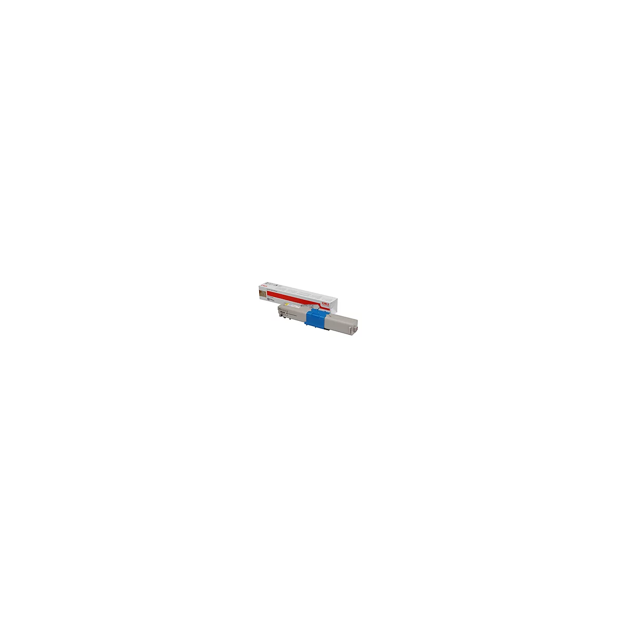OKI-Tonerpatrone mit grauen und blauen Kunststoffdetails, dahinter die Produktverpackung.