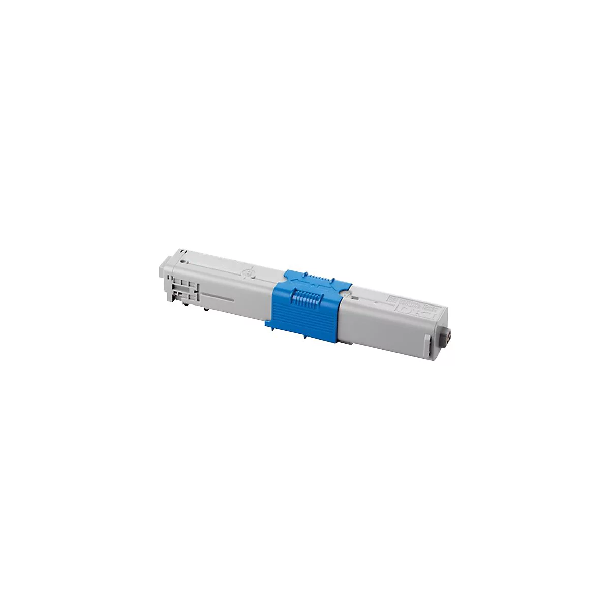 Grau-blauer Tonerkartusche vor weißem Hintergrund. Blauer Clip, grauer Körper, dunkelgraue Elemente.
