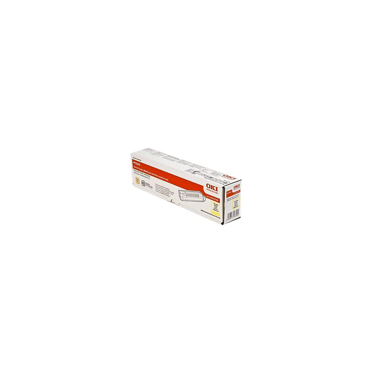 Eine rechteckige OKI-Toner-Kartusche, verpackt. Weißer Karton mit rotem Band, gelber Schrift: 'MC860'.