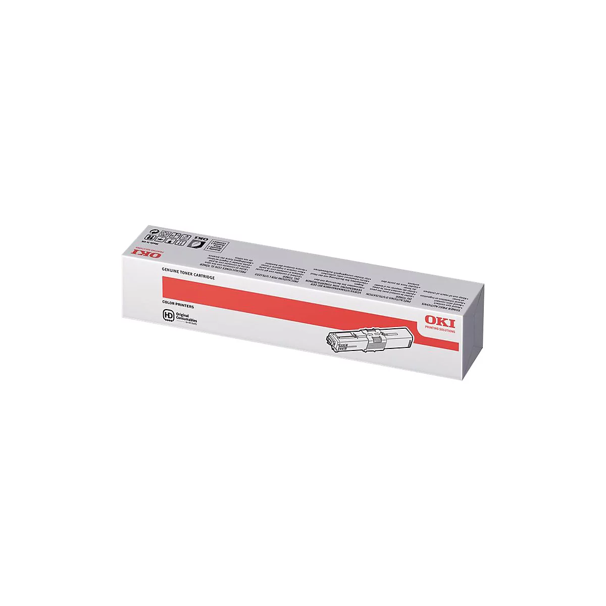 Eine weiße OKI-Toner-Kartuschenbox, rot markiert. Text: Genuine Toner Cartridge, Color Printers, OKI.