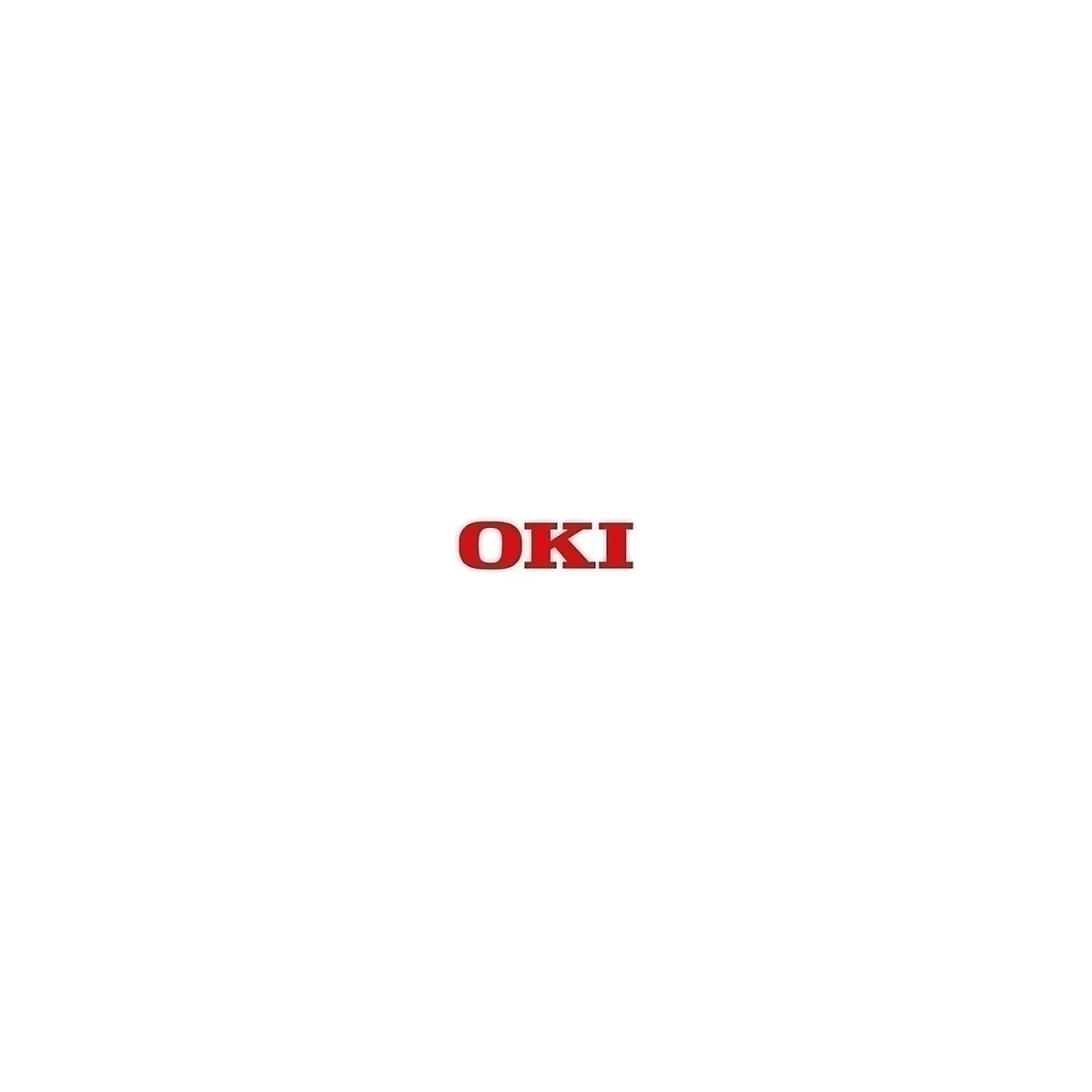 Rotes OKI-Logo mit leuchtendem Rand auf weißem Hintergrund.