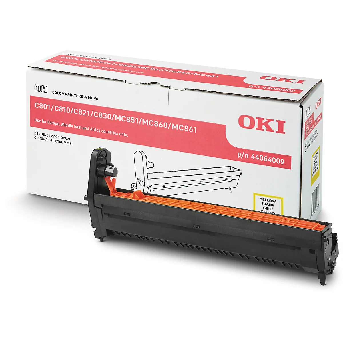 Schwarz-oranger Trommeldrucker vor einer weißen Box. Auf der Box ist der Produktname „OKI“ und eine Produktbeschreibung aufgedruckt.