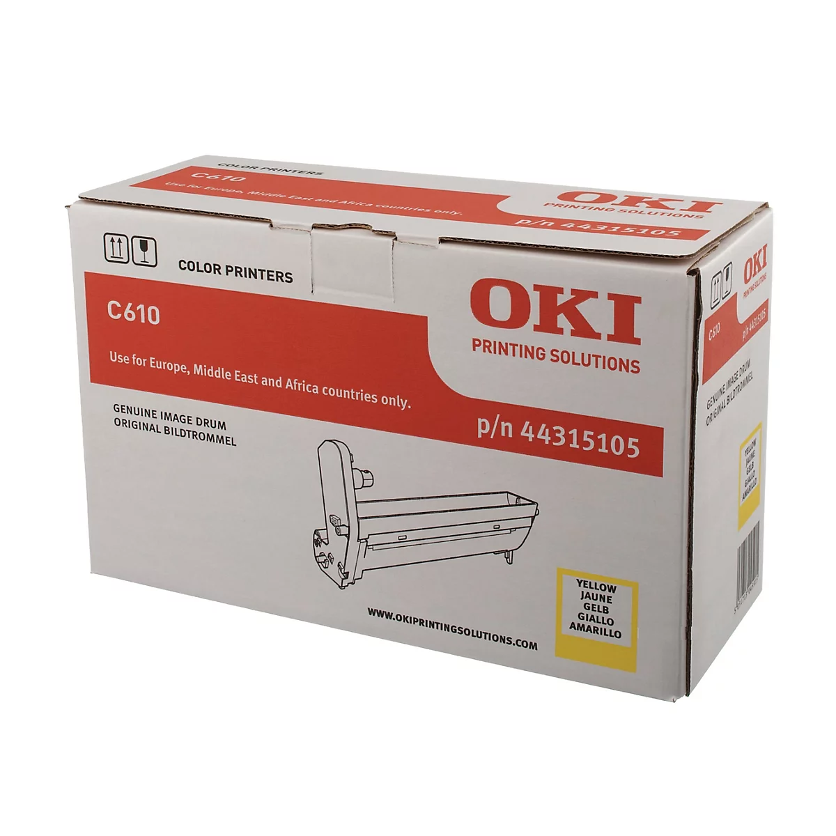 Eine rechteckige Kartonverpackung für einen Farbdrucker der Marke OKI. Auf der Verpackung sind der Produktname C610, Logos und Produktinformationen aufgedruckt. Auf der rechten Seite sind gelbe Aufkleber mit Übersetzungen.