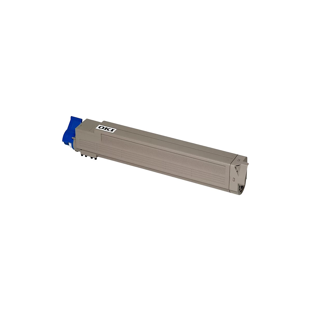 Grauer OKI-Tonerkartusche, mit blauer Halterung und weißem "OKI"-Schriftzug.