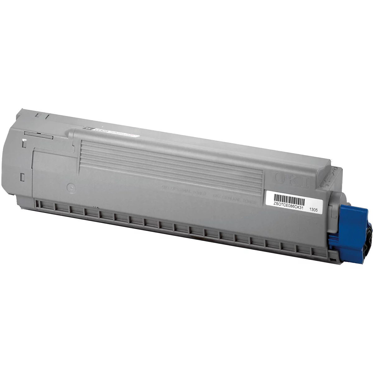 Grauer OKI Toner; Zettel mit ZSOTCE086CK31 und 1305. Blauer Clip an der Seite.