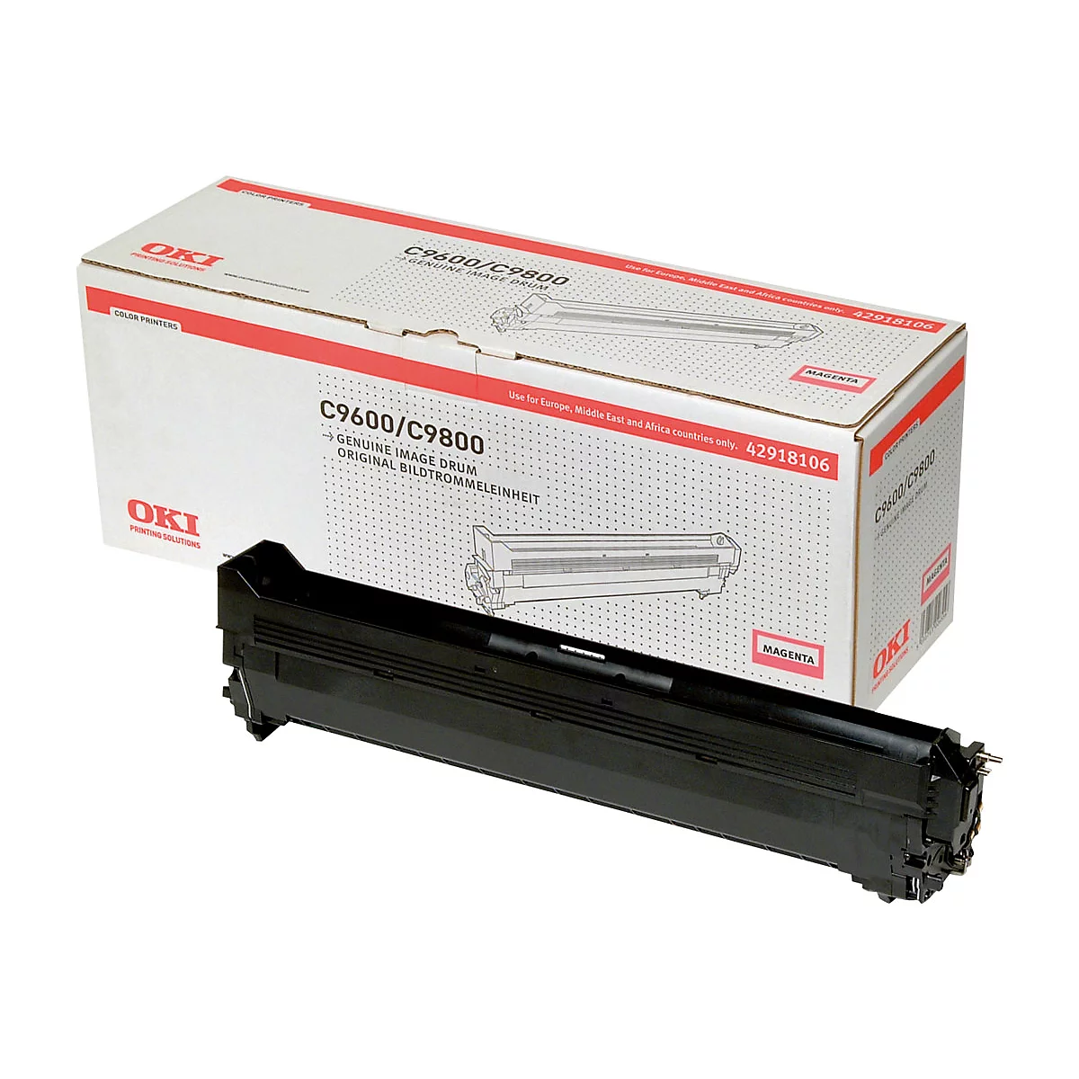 Schwarze Tonerkartusche mit Verpackung, Aufschrift C9600/C9800. Magenta.