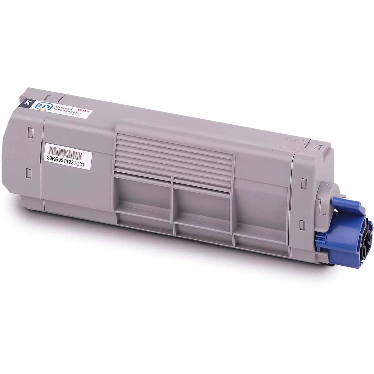 Grauer OKI-Toner mit blauem Einsatz. Aufkleber: 20KB95T1231C31. Text: Original OKI Consumables.