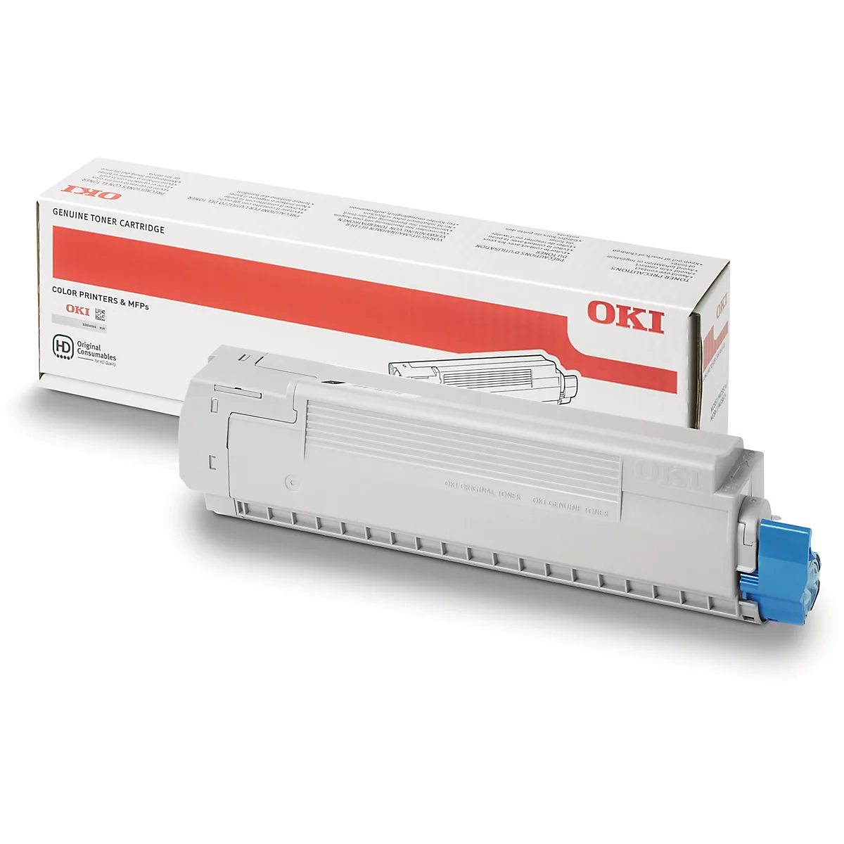 Eine geöffnete Tonerpatronen-Verpackung mit einer Tonerpatrone, die davor liegt. Auf der Verpackung steht „OKI Genuine Toner Cartridge“ mit roter Markierung.