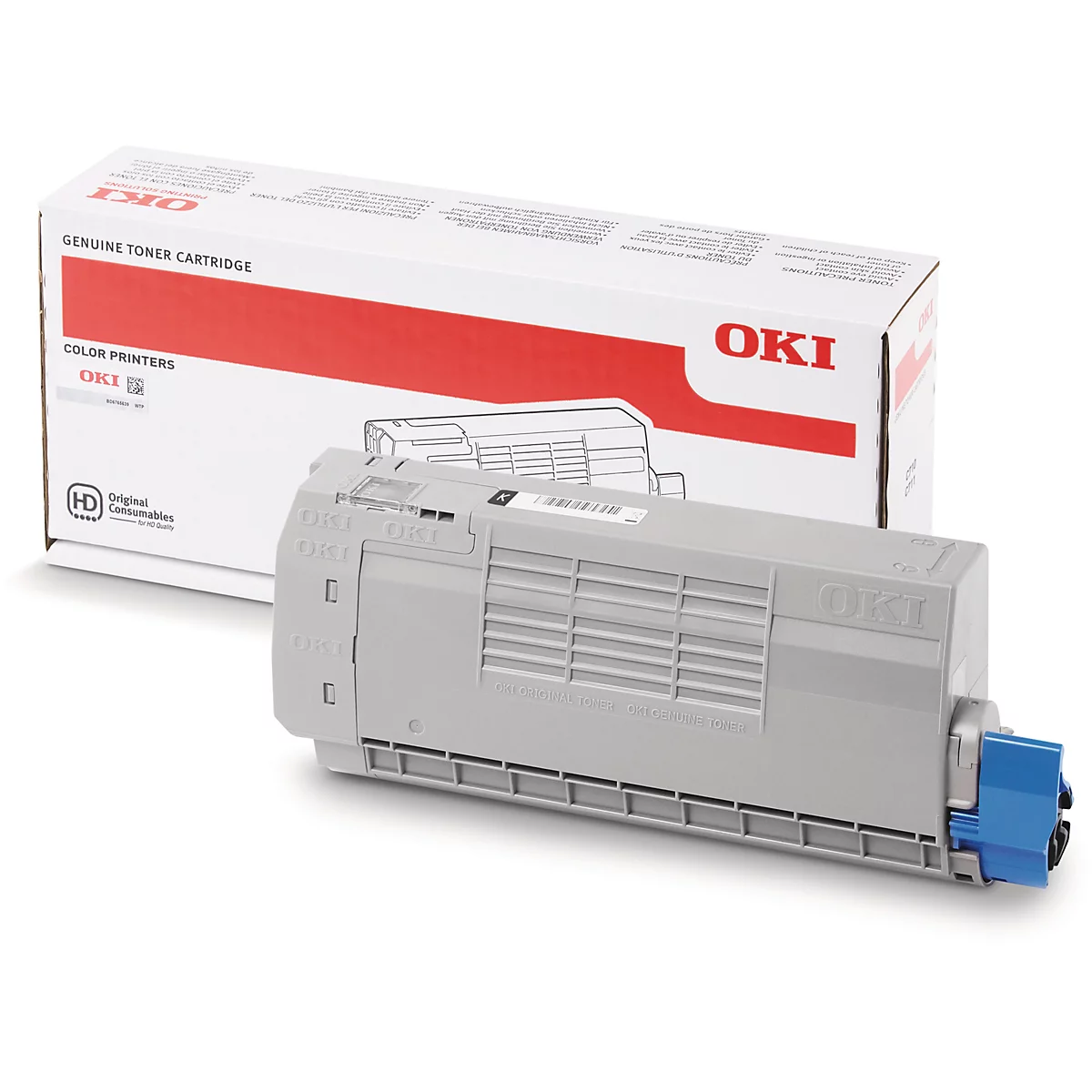 Ein grauer OKI-Toner mit blauen und schwarzen Akzenten und der dazugehörigen Verpackung vor weißem Hintergrund.