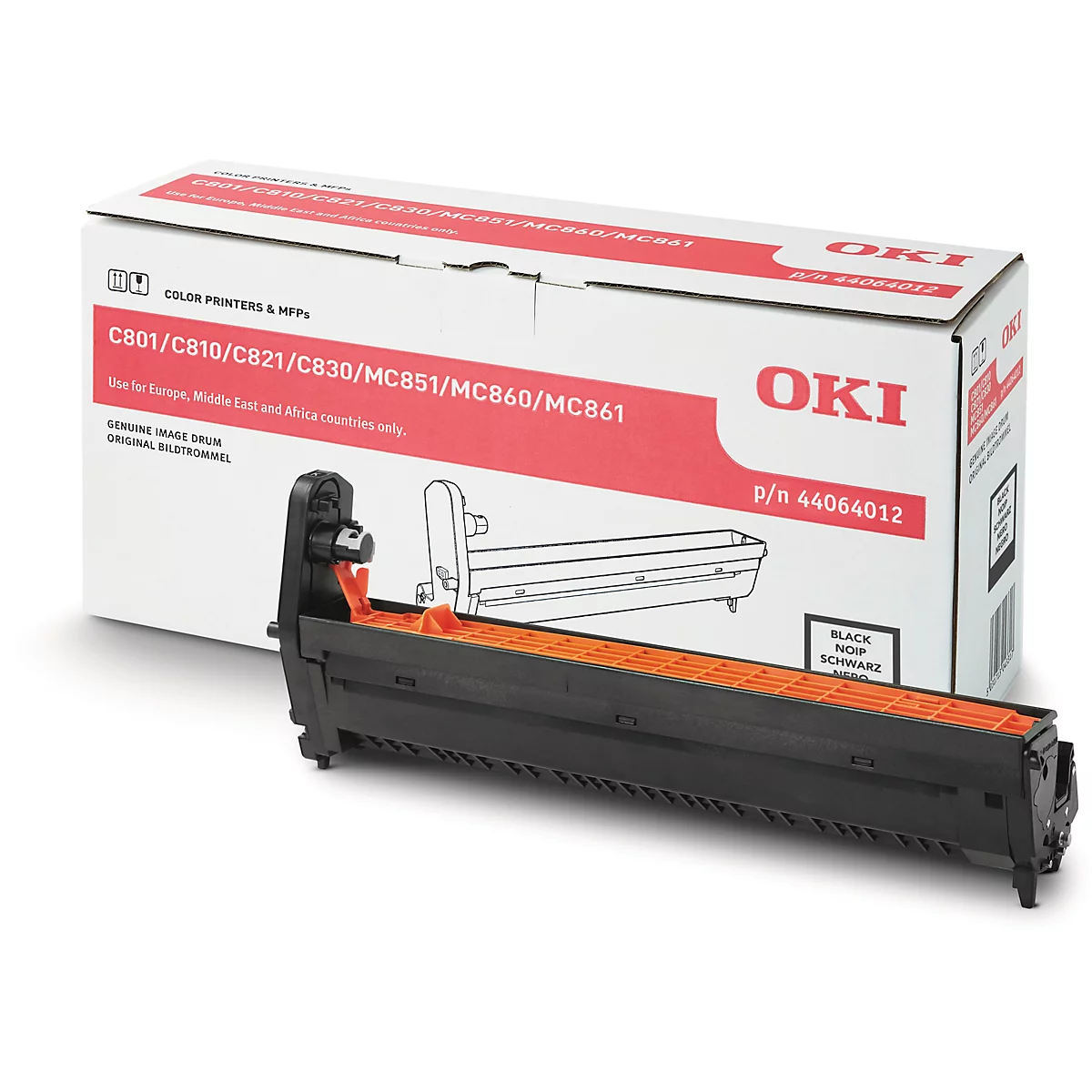 Schwarze und orangefarbene Tonerkartusche mit Box, Produktnamen und P/N 44064012.
