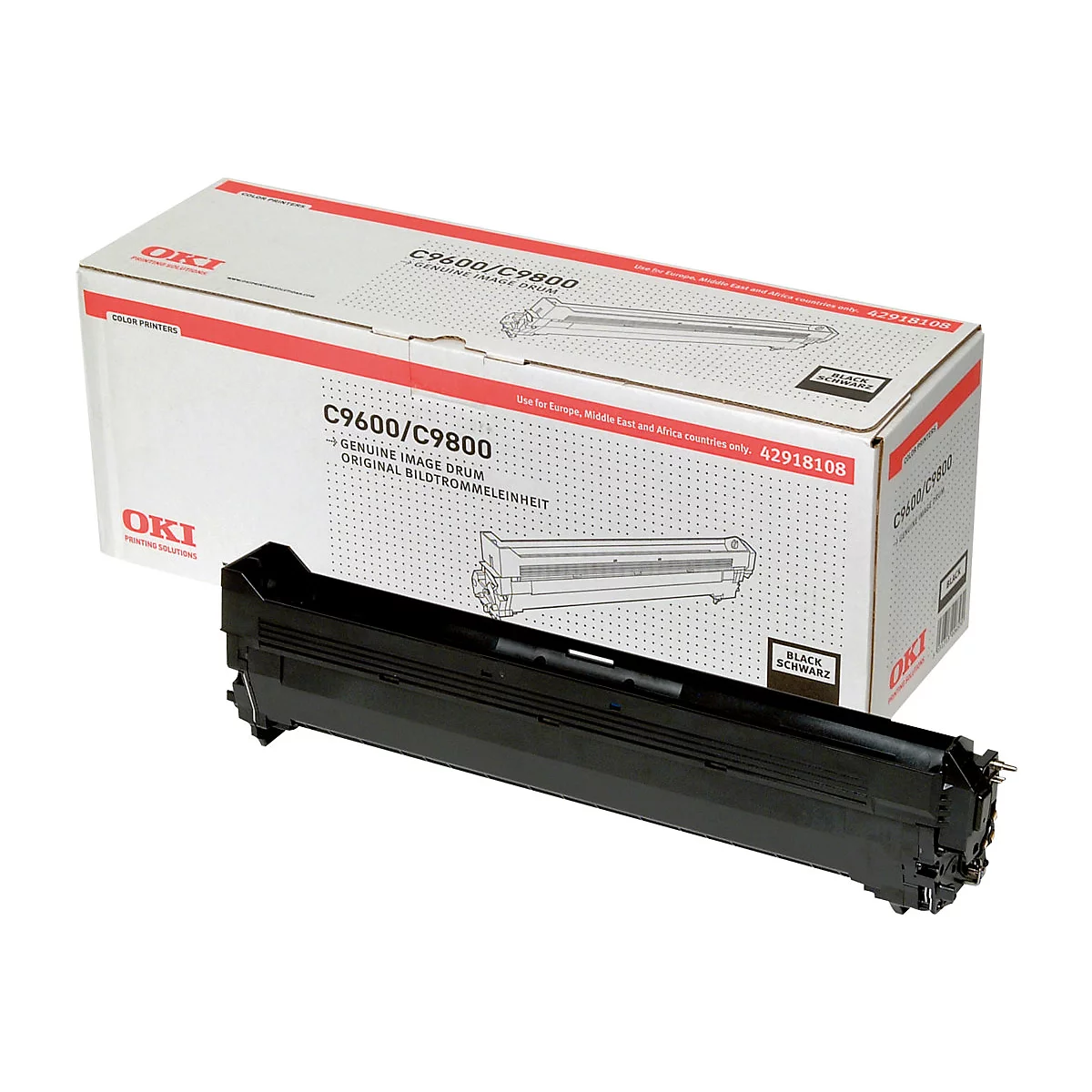 Eine schwarze Bildtrommeleinheit vor einer Kartonverpackung mit der Aufschrift C9600/C9800.