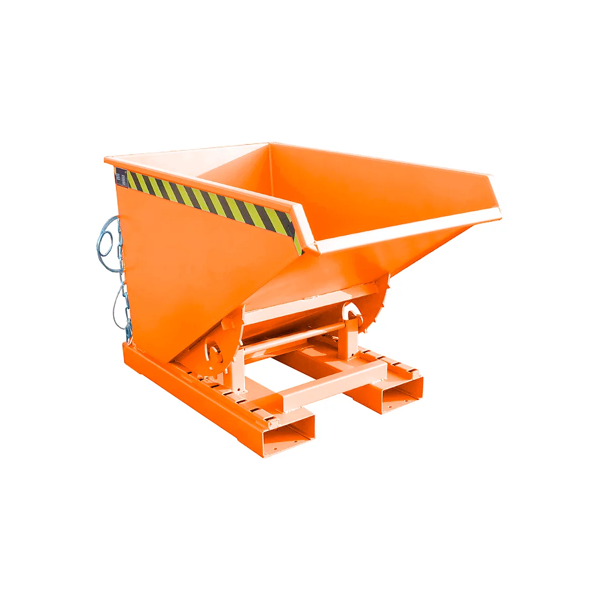 Oranje metalen kiepbak op een witte achtergrond. De container is gemarkeerd met zwart-gele strepen.