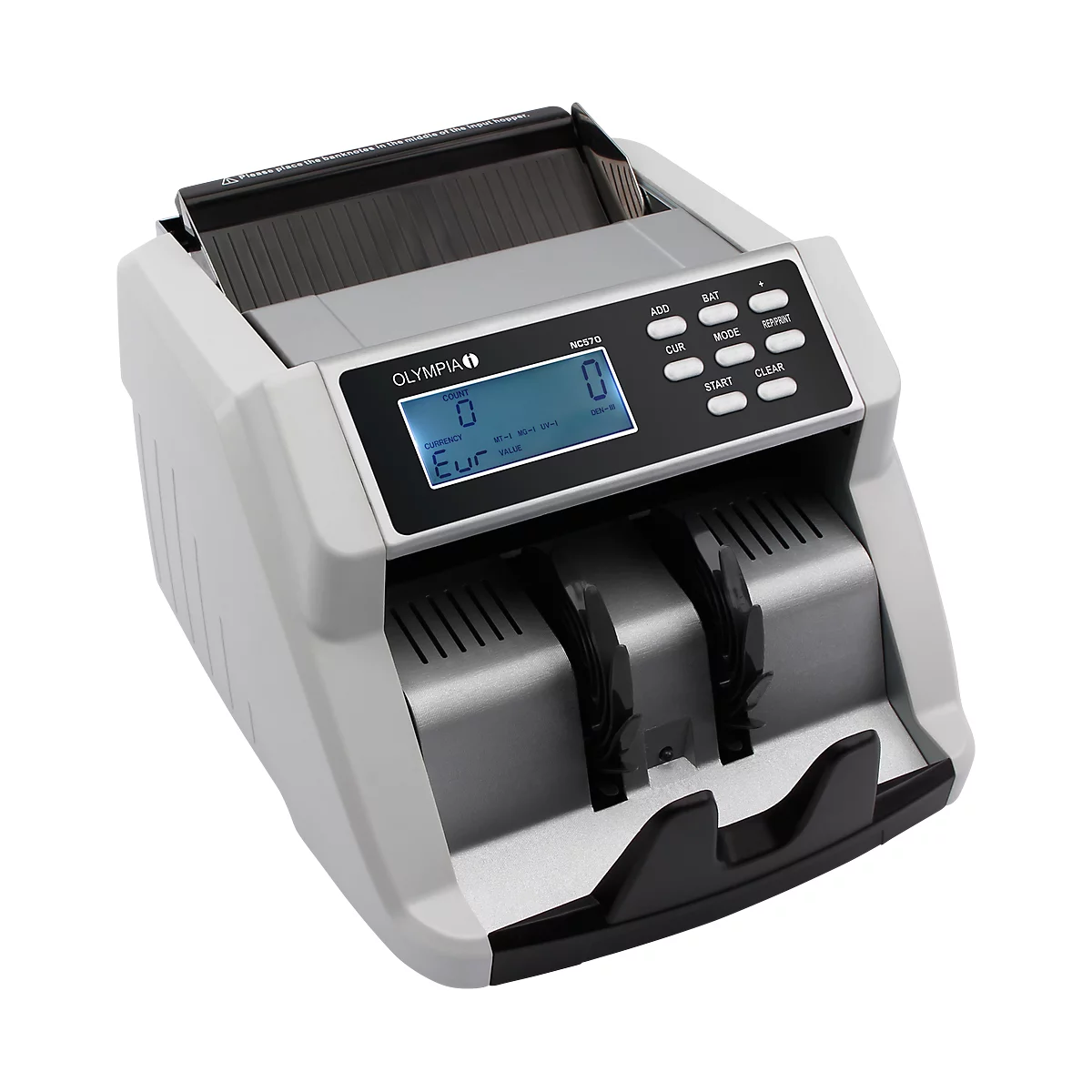 Grey banknote counting machine, with LCD display, showing 0 Euros.