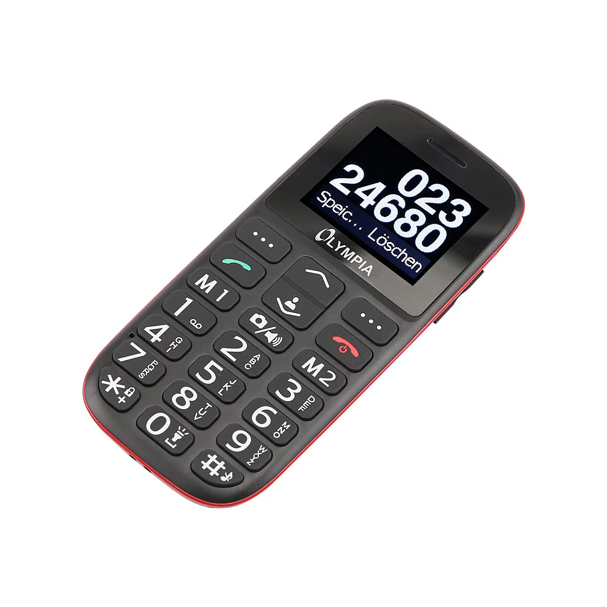 Schwarzes Olympia-Mobiltelefon mit großen Tasten und rotem Rand. Auf dem Display steht eine Nummer. 