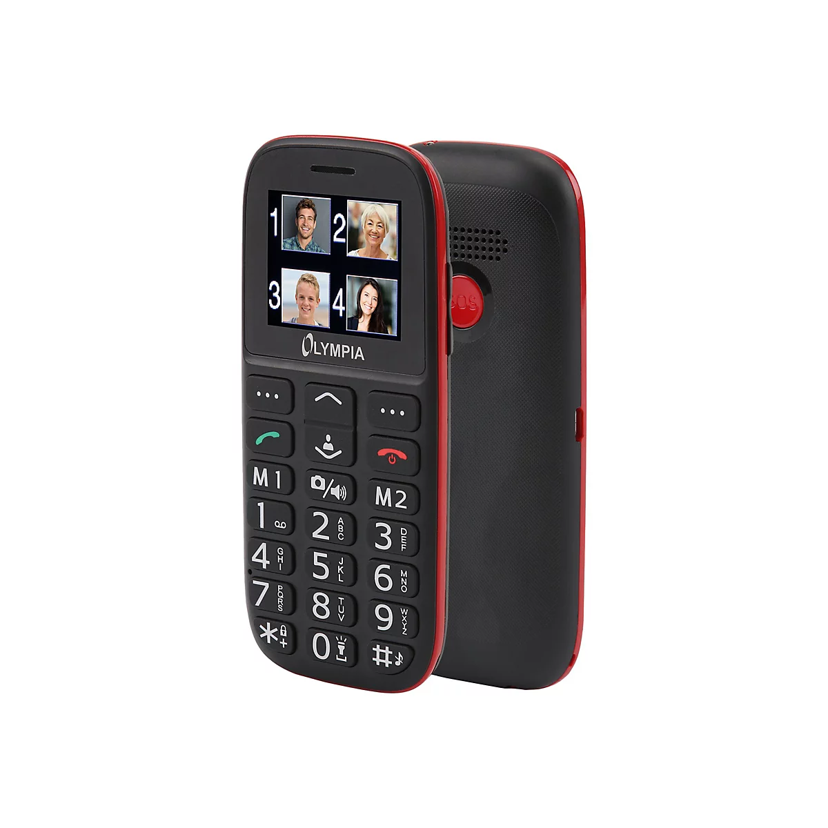 Schwarzes Senioren-Handy mit roten Akzenten. Auf dem Display sind vier Fotos zu sehen. SOS-Taste auf der Rückseite.