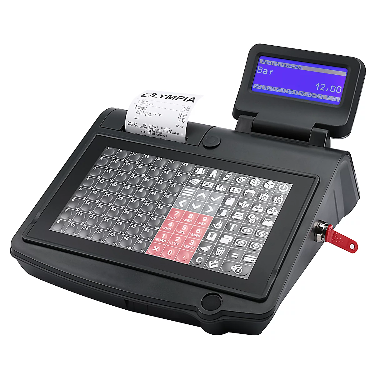Olympia CM 985 kassa, voor gastronomie, 40 gebruikers, 5 jaar TSE-licentie, vlak toetsenbord, thermische printer, USB/LAN/RS232/RJ11, afsluitbaar
