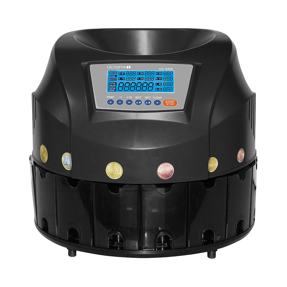 Black coin counter with blue display and coins in various colors.