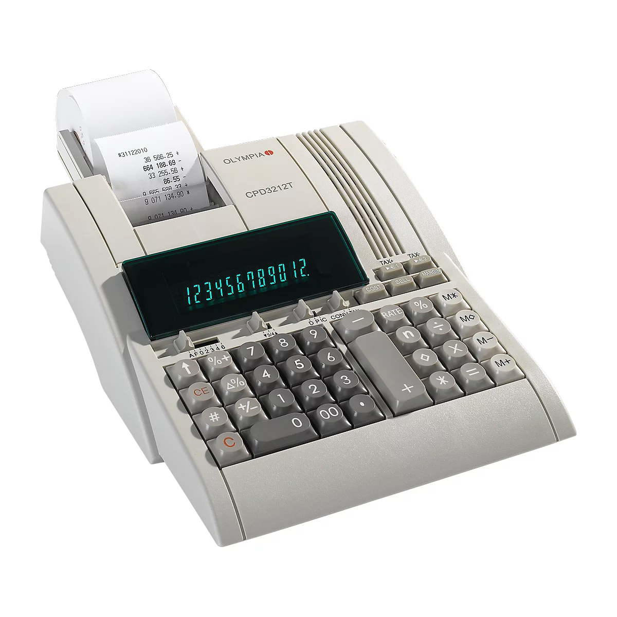Grey Olympia calculator with paper output, green display with numbers, and buttons.