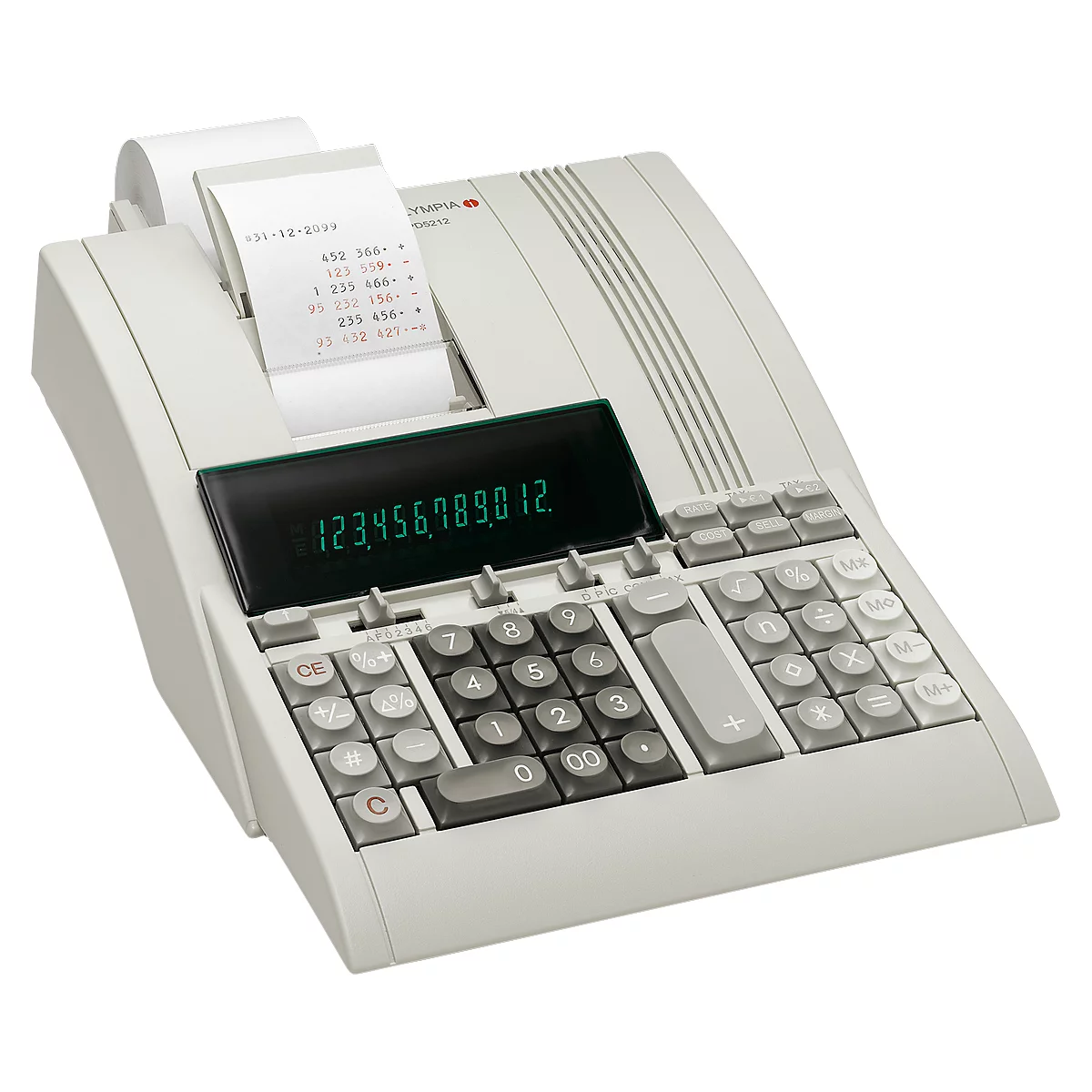Cash register with paper roll and green number display.
