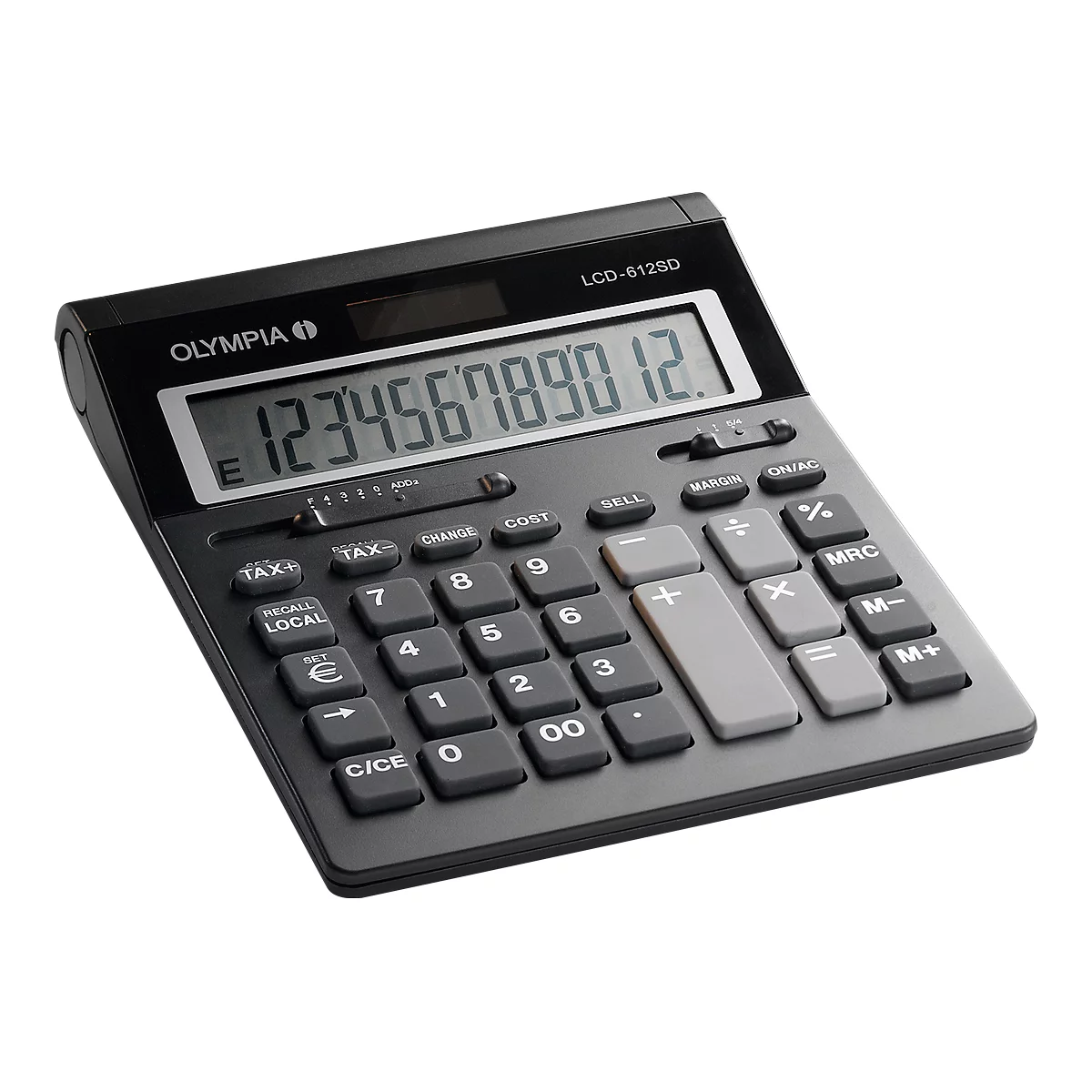 Dark grey calculator with white lettering displaying the number 123456789012. "OLYMPIA LCD-612SD" is written at the top.